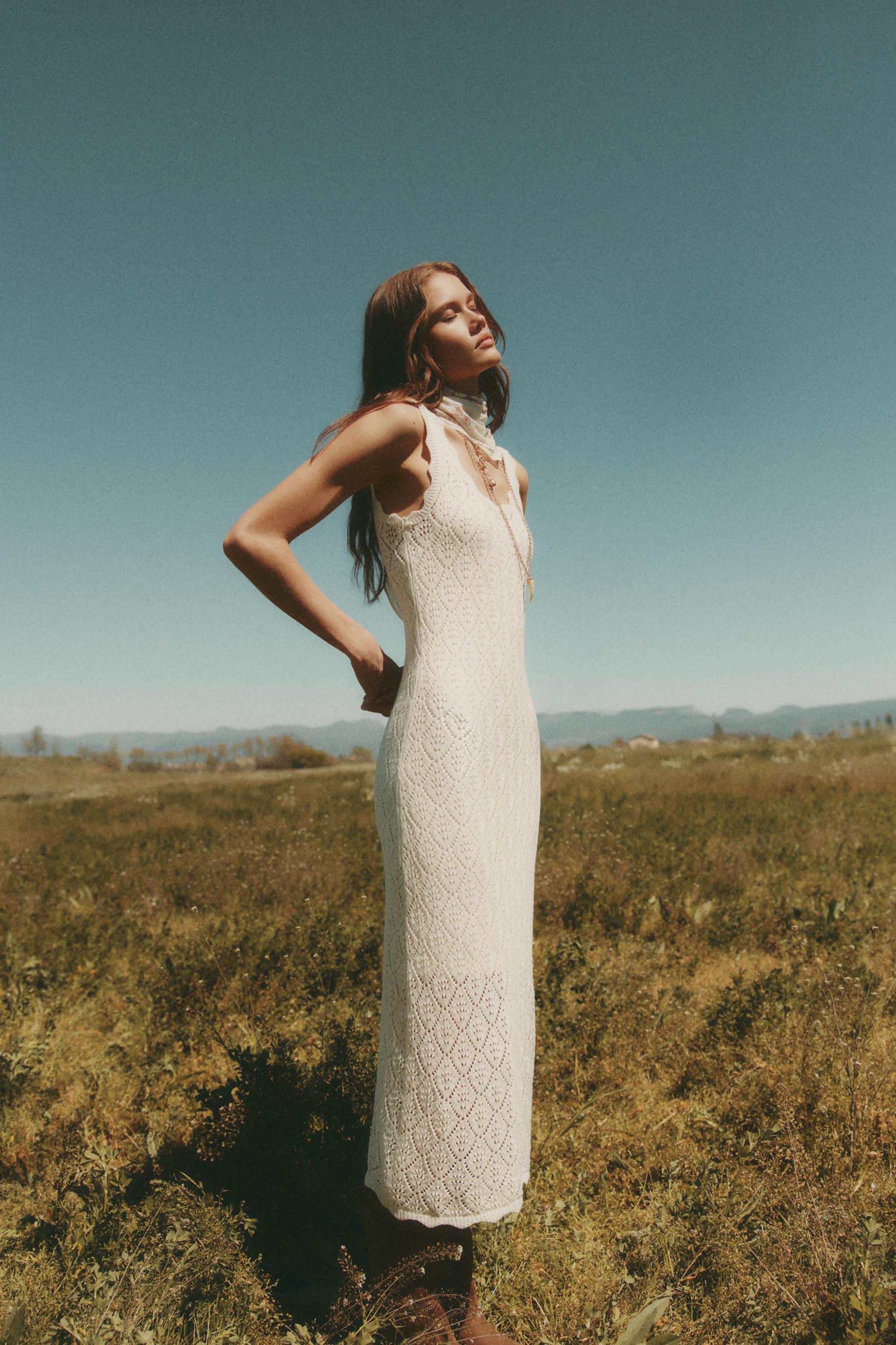 Cutwork knit midi dress — ECRU