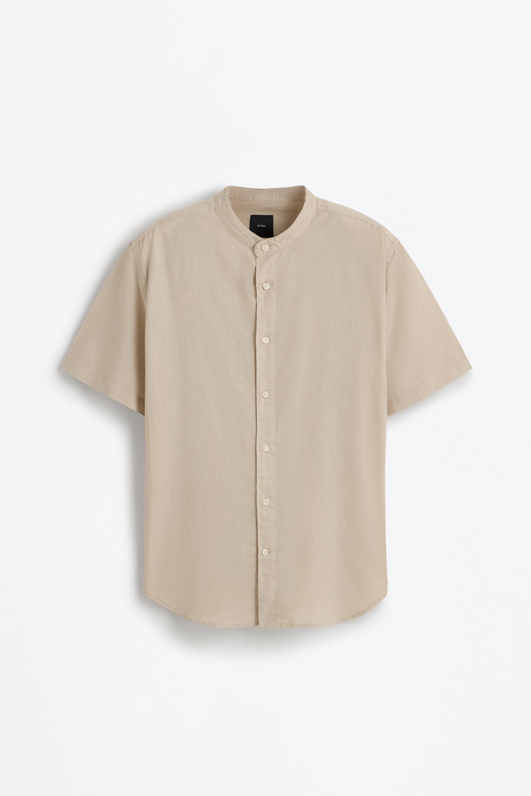 Linen-cotton stand collar shirt — BEIGE