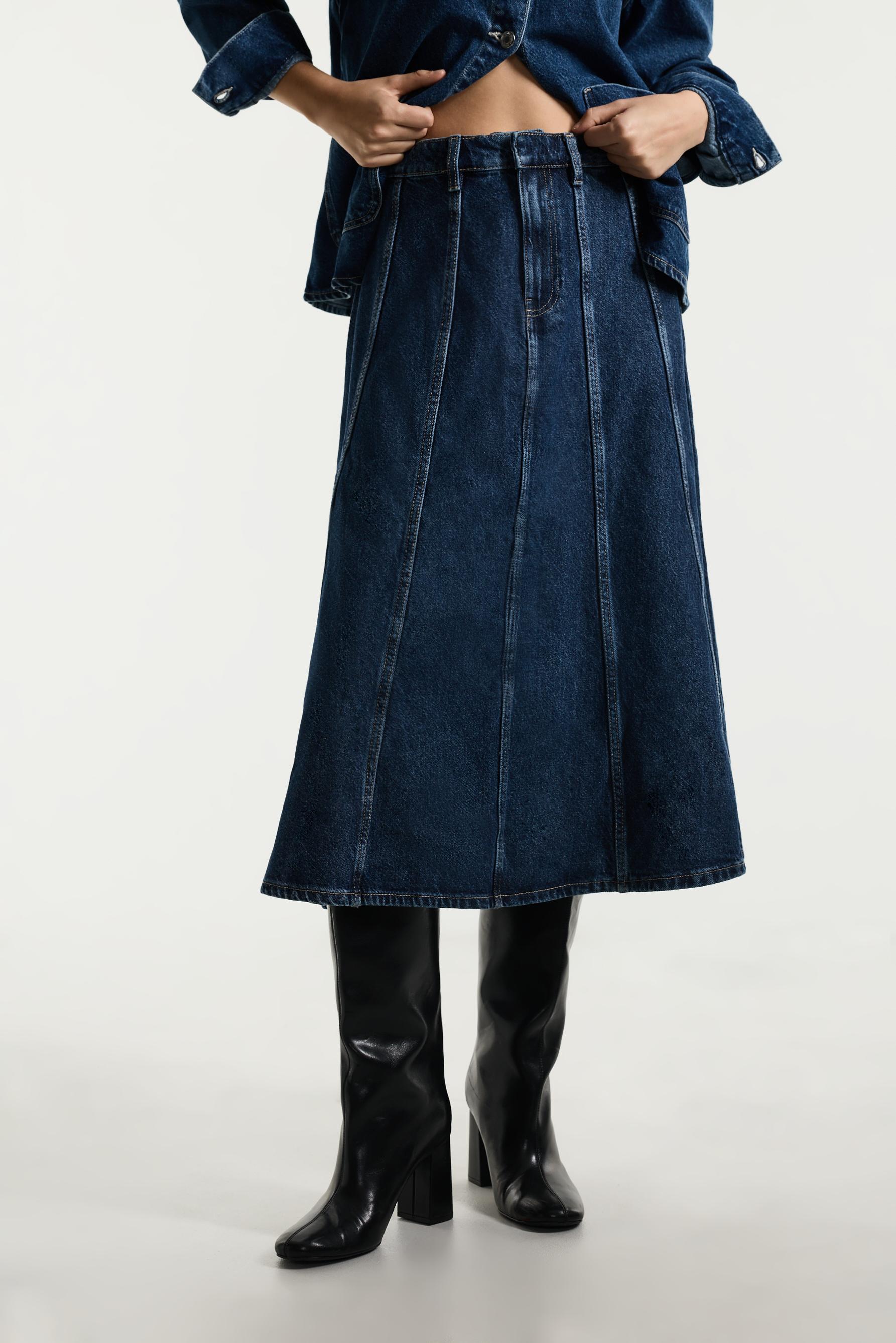 Godet denim midi skirt — BLUE MARL