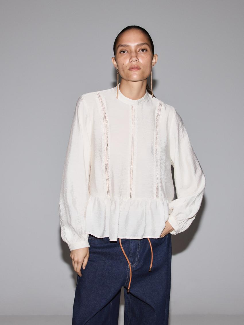 Blusa detalle encaje Camisas Manga Larga Camisas Blusas