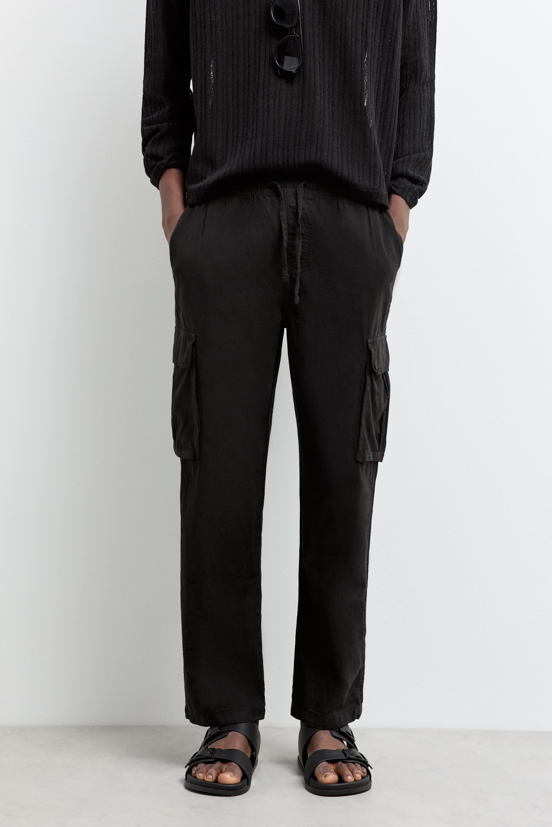 Linen-cotton cargo jogger trousers — BLACK