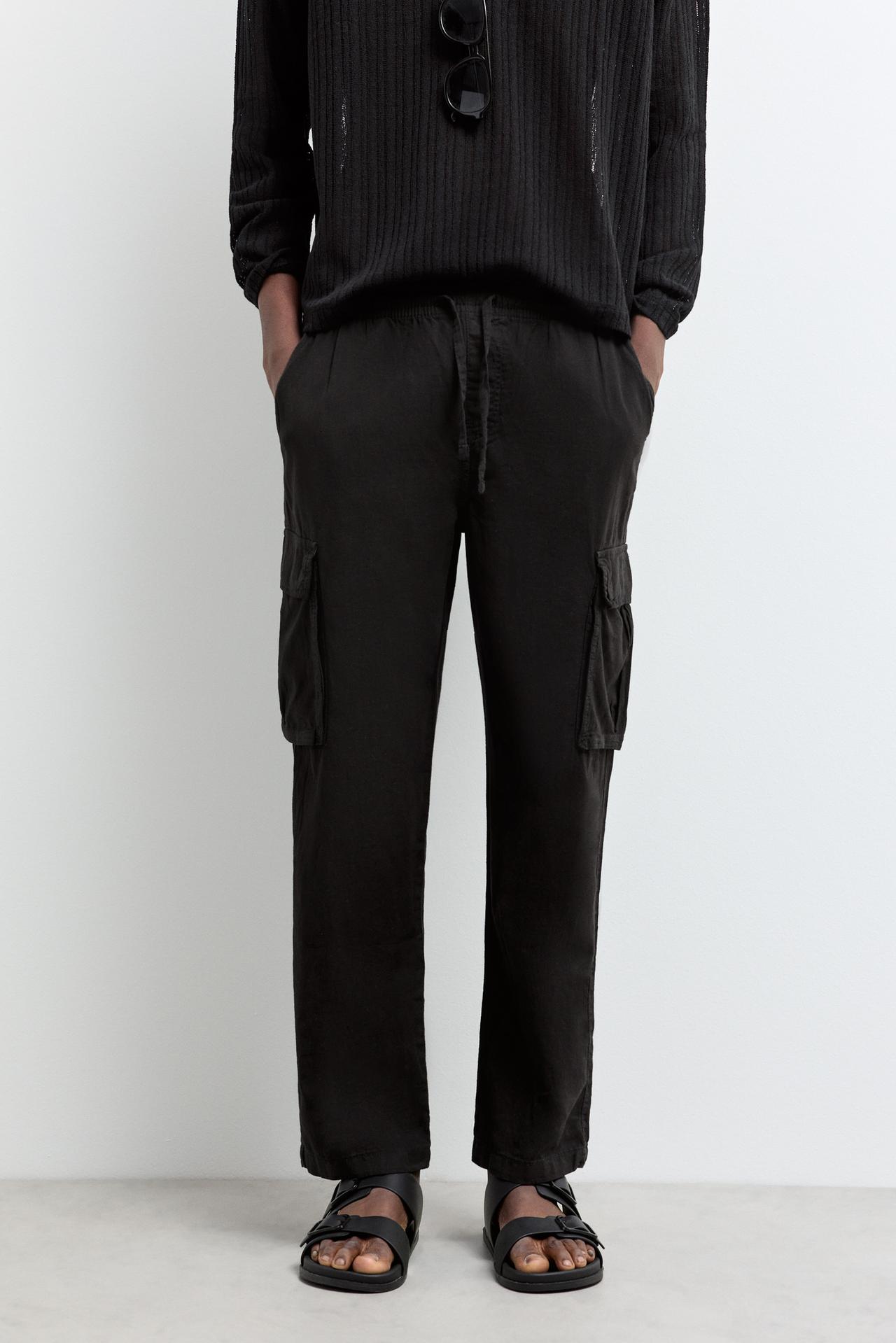 Linen-cotton cargo jogger trousers — BLACK