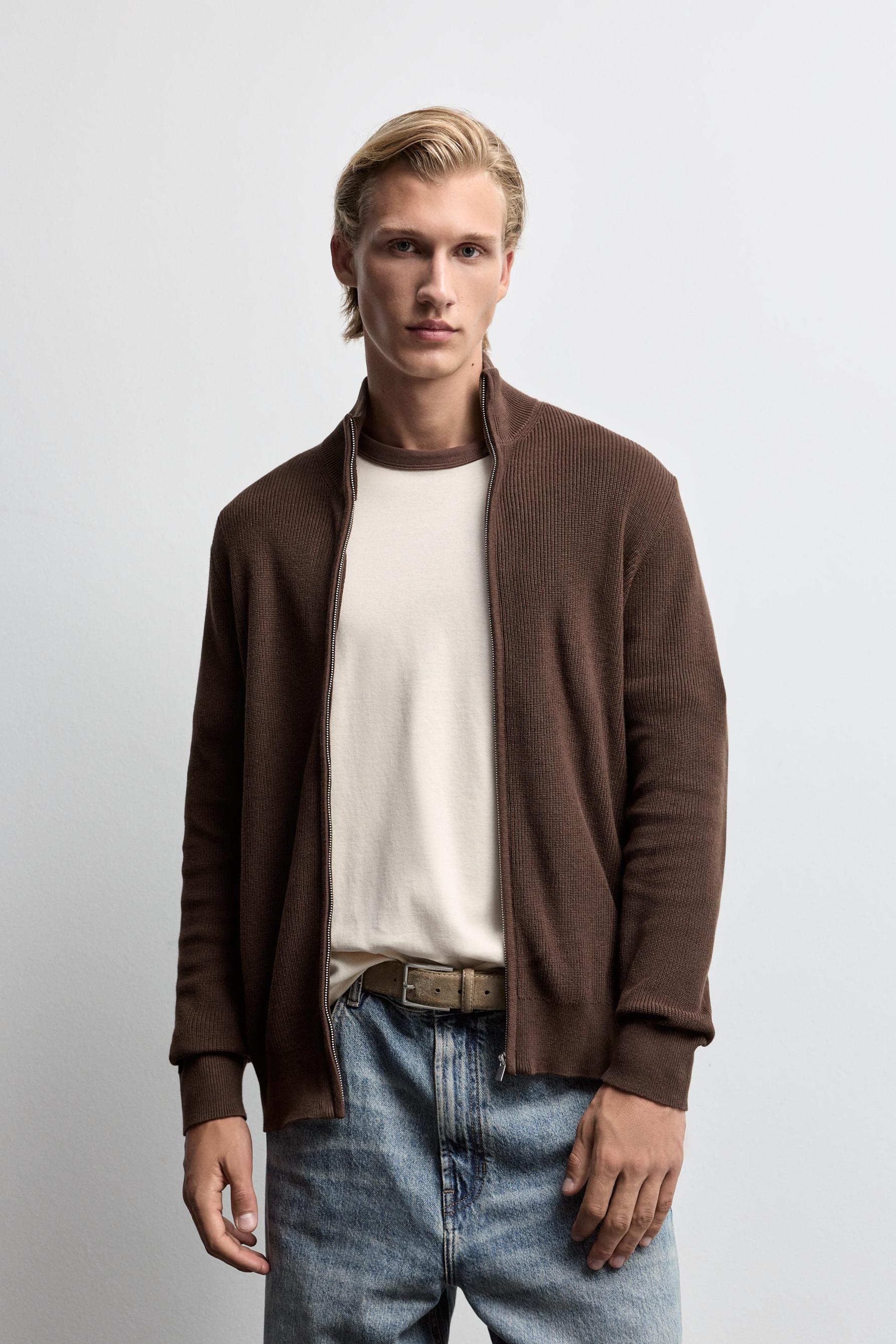 Zip-up knit cardigan — BROWN