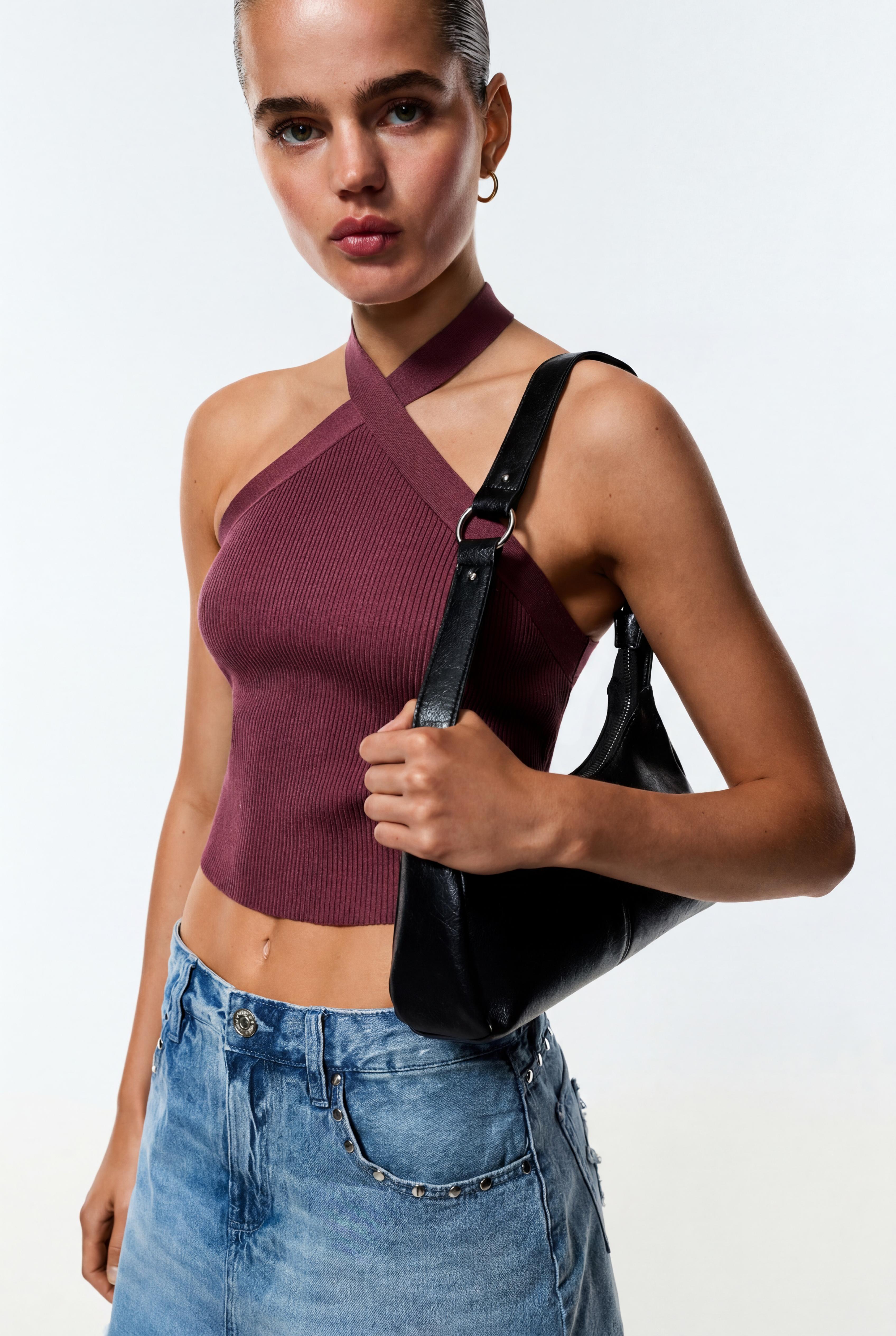 Criss-cross strap knit top — MAUVE PINK