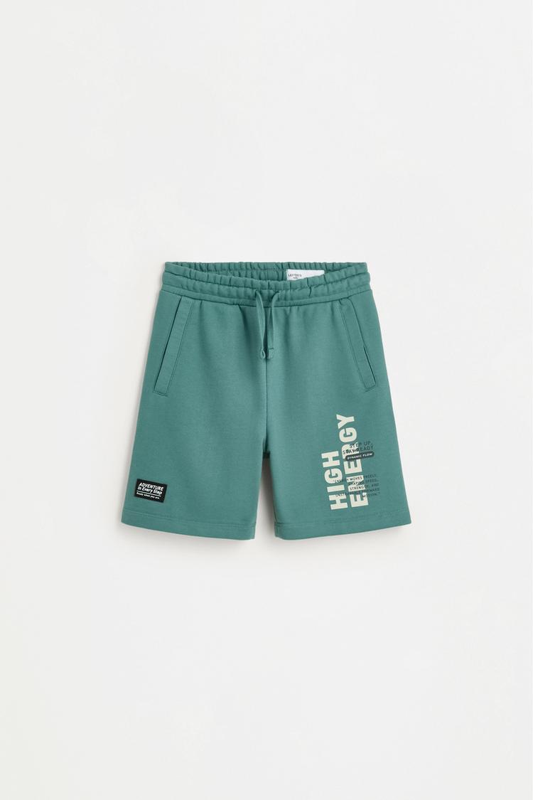 Text print plush Bermuda shorts — PALE MINT GREEN