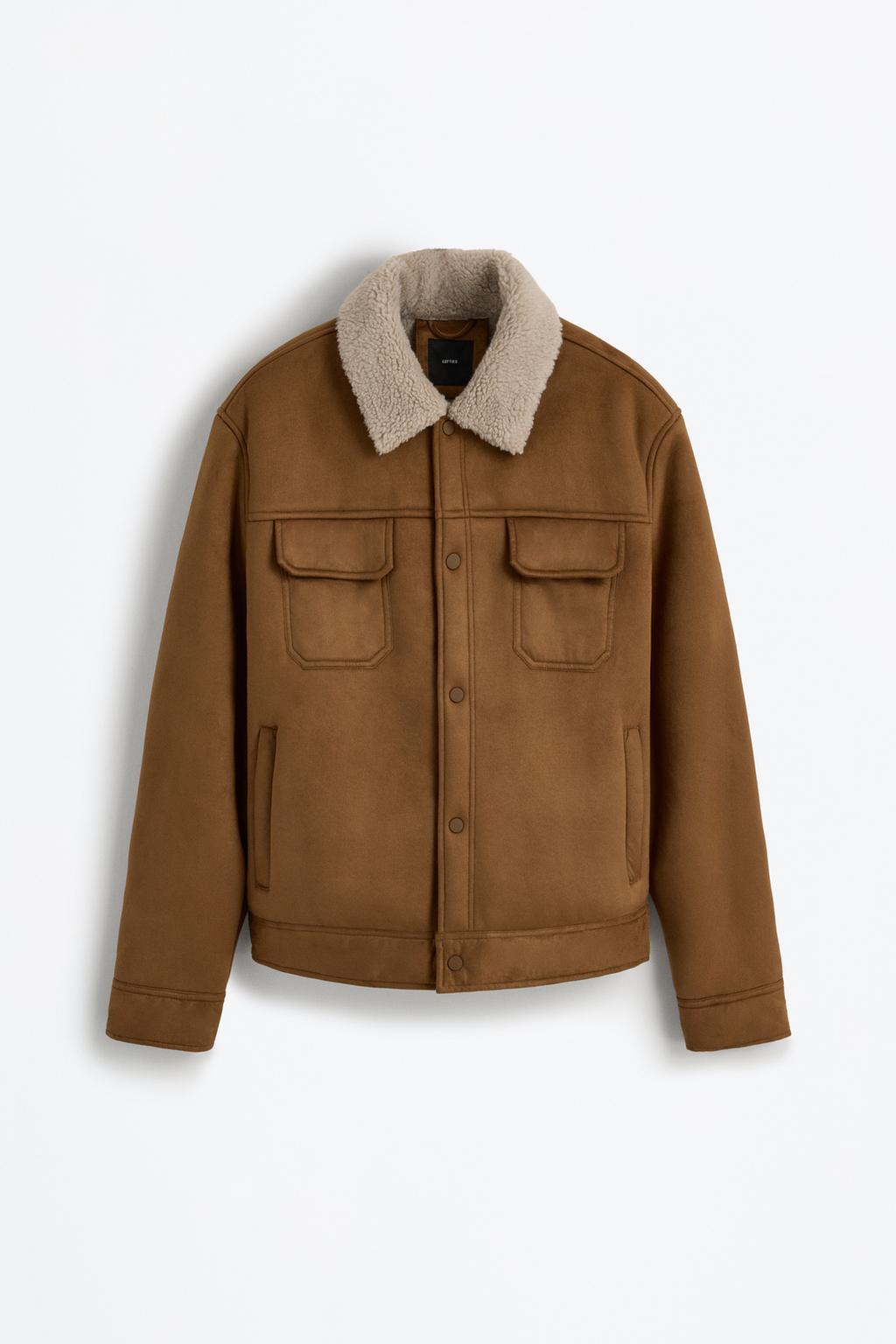 Casaco gola efeito de pelo encaracolado efeito de camurça