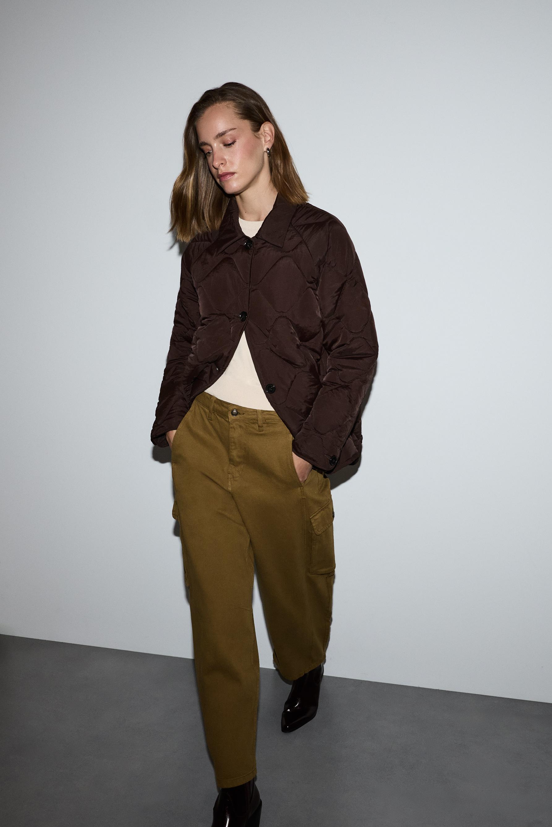 Quilted shirt collar jacket — CHOCOLATE