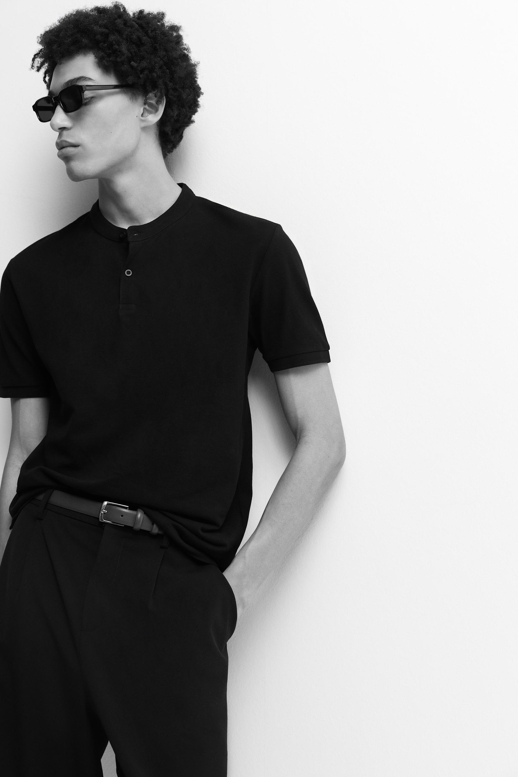 Basic stand collar polo shirt — BLACK