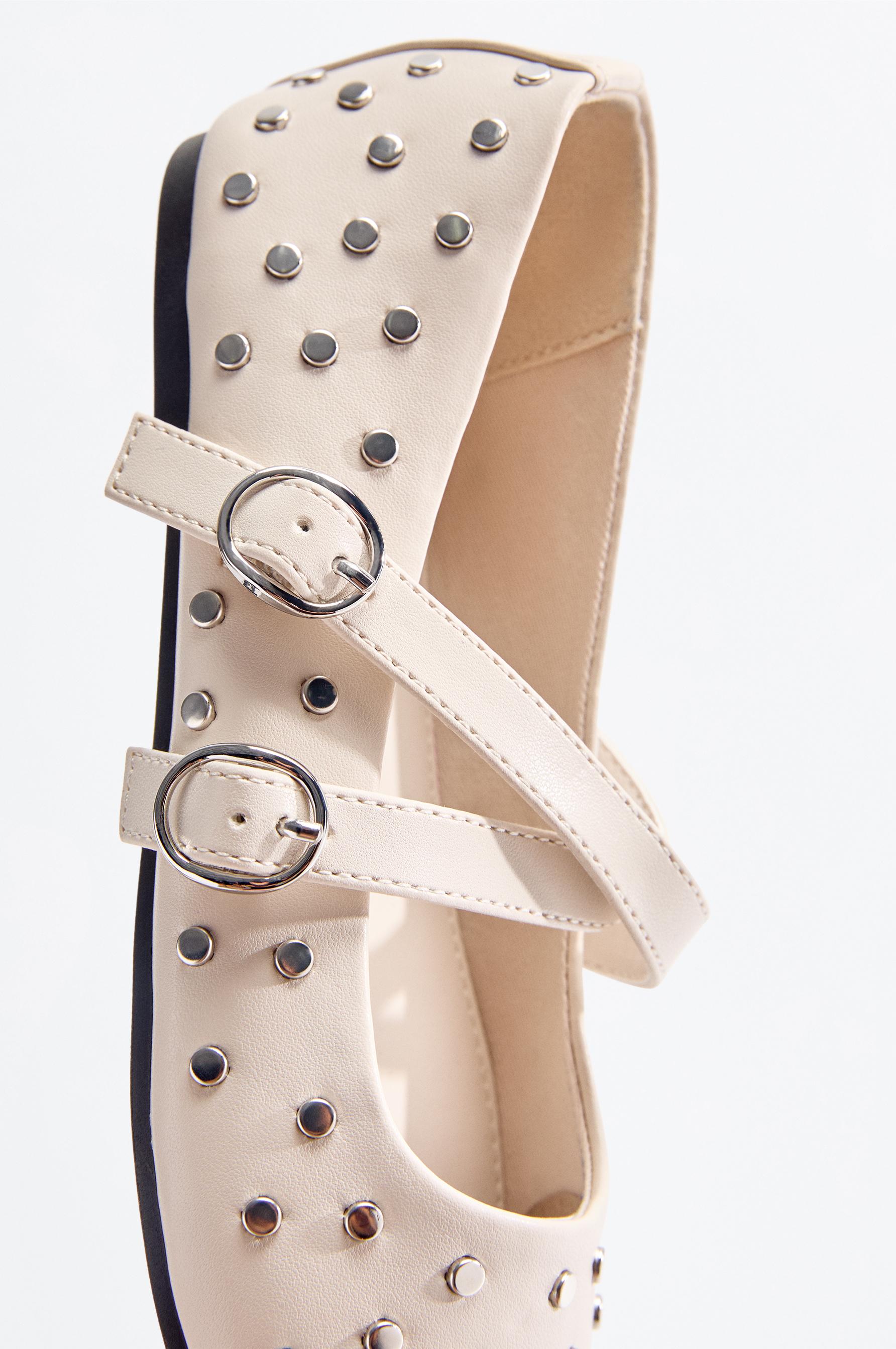 Girls' studded ballet flats — ECRU