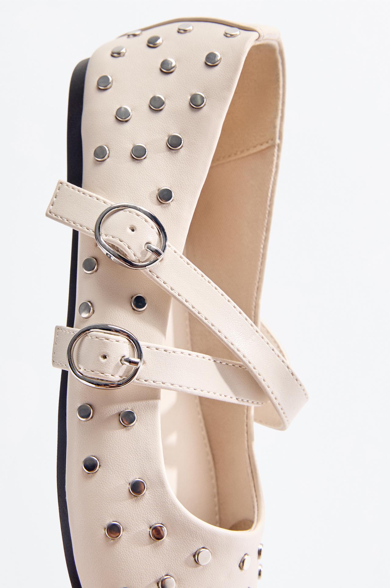 Girls' studded ballet flats — ECRU