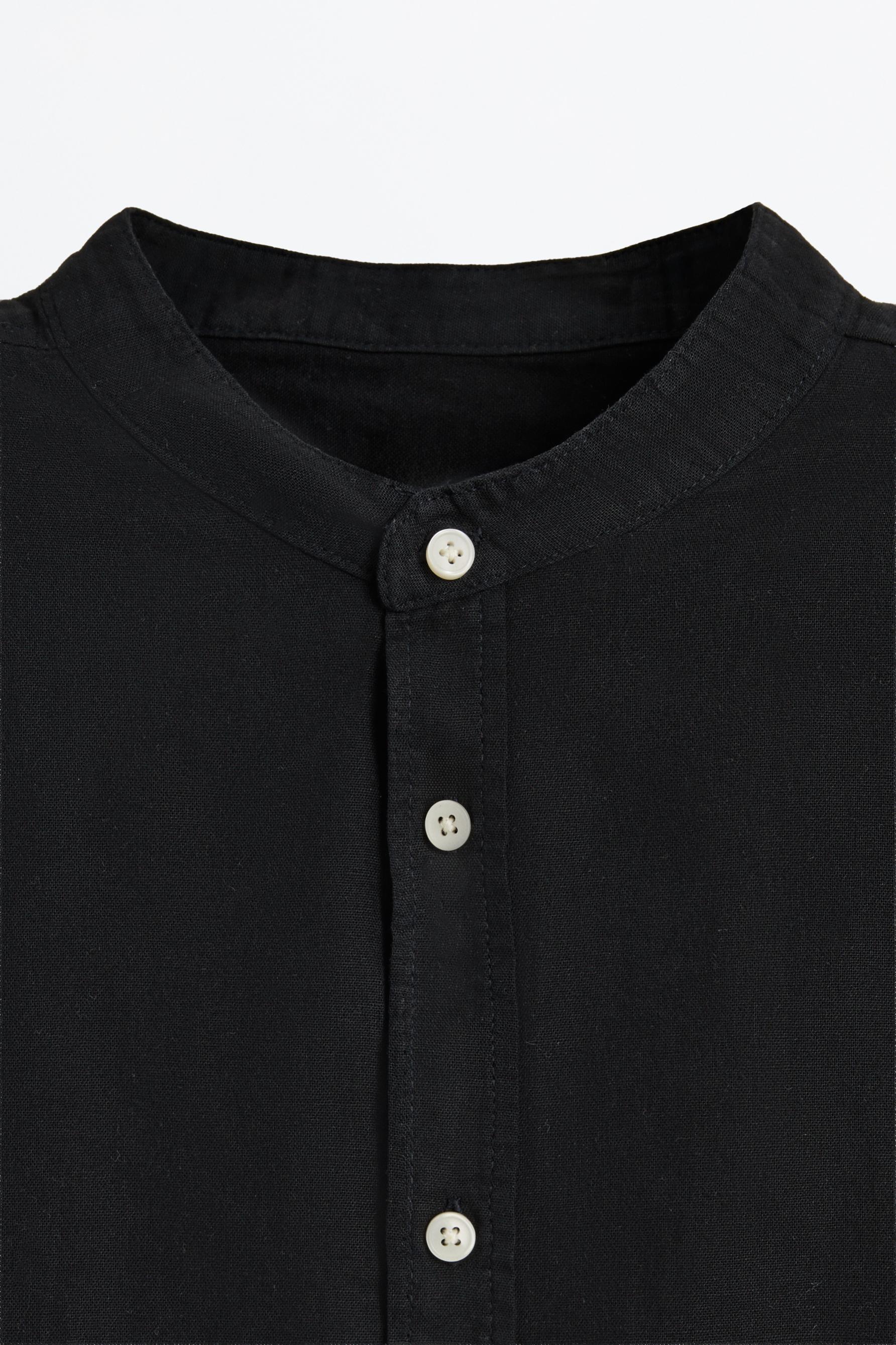 Linen and cotton stand collar shirt — BLACK