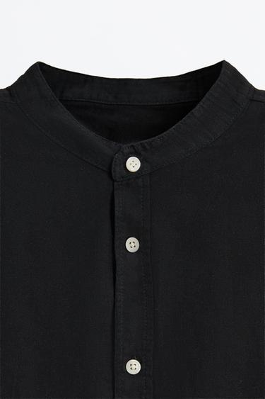 Linen and cotton stand collar shirt — BLACK 7