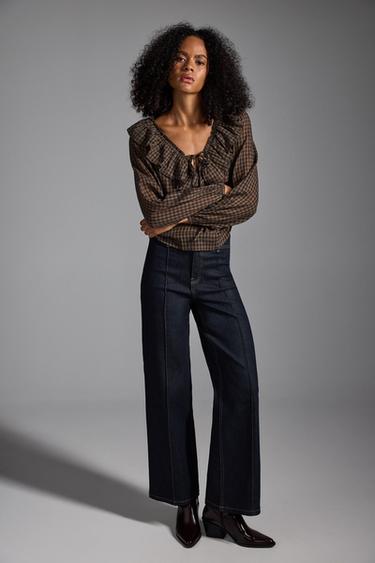 Plaid ruffle blouse — BROWN 5