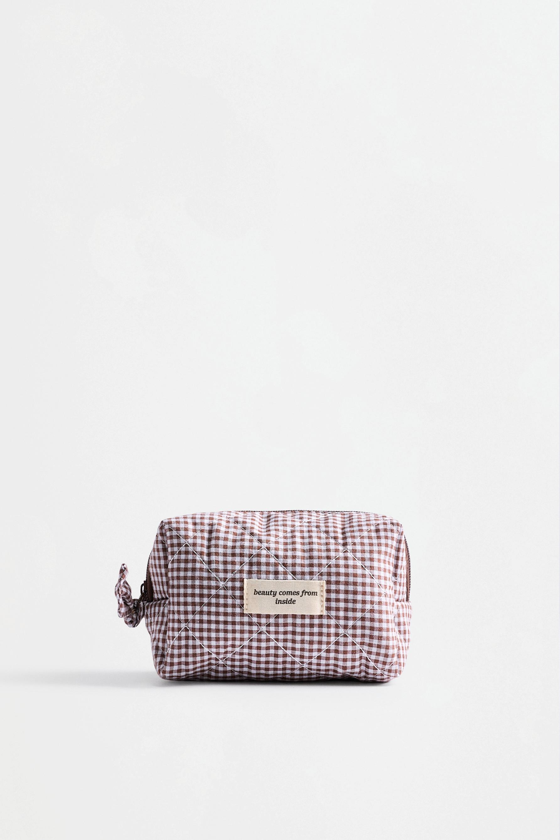 Small gingham print toiletry bag — BROWN