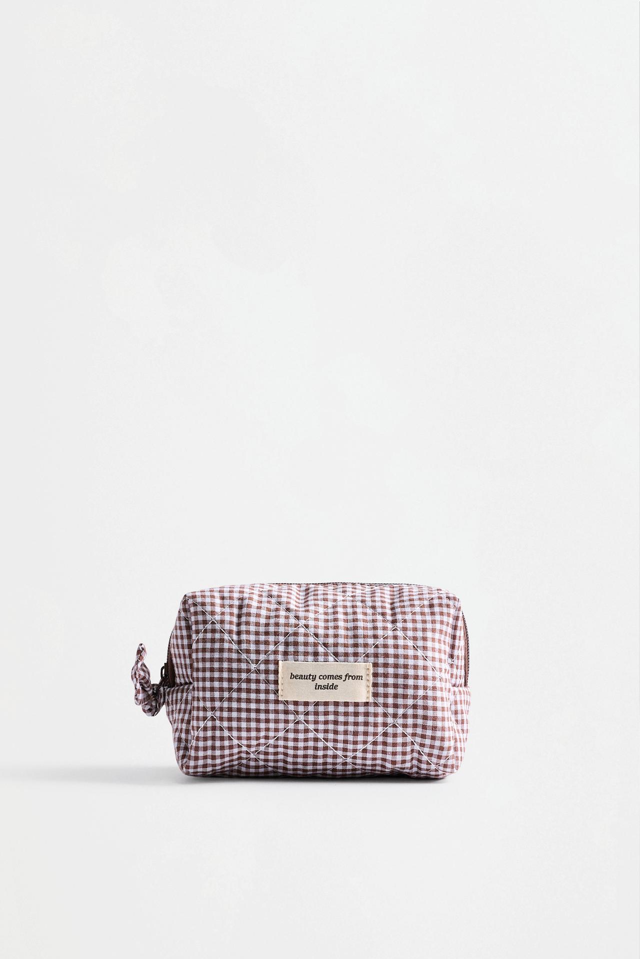 Small gingham print toiletry bag — BROWN