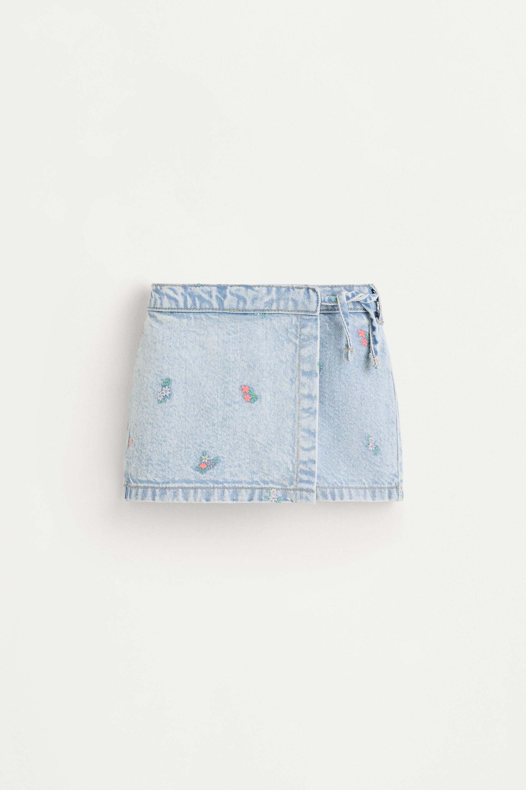 Embroidered denim skort — PALE BLUE