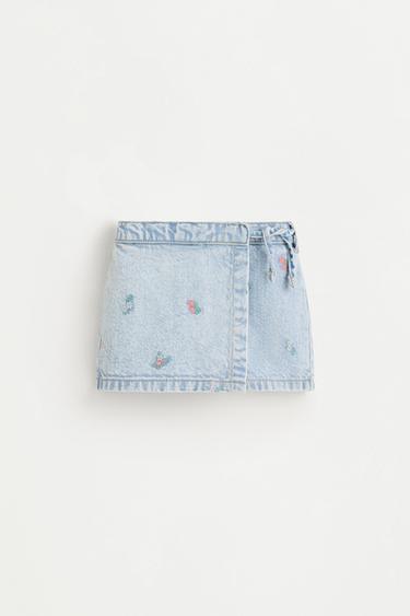 Embroidered denim skort — PALE BLUE 1