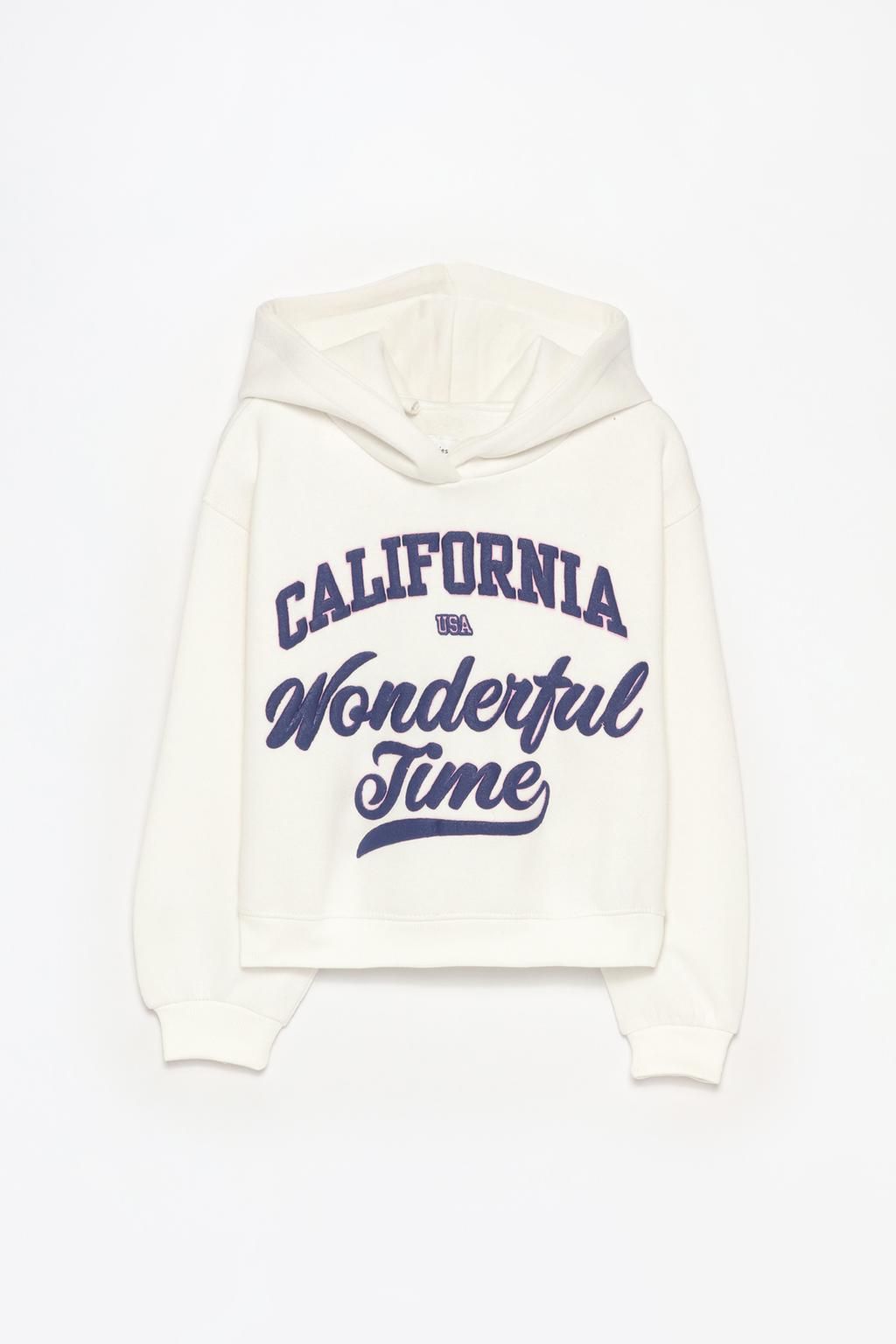 Sweatshirt with slogan and hood