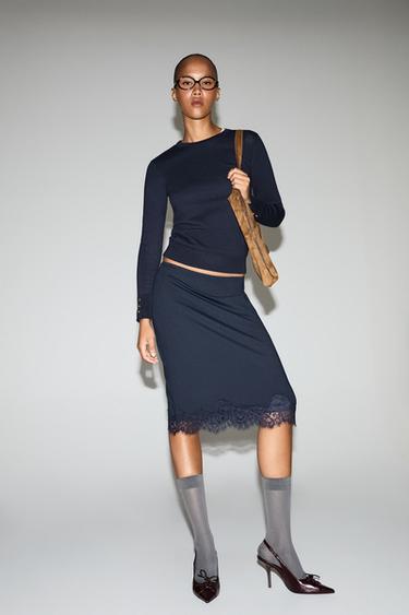 Lace-trimmed polyamide midi skirt — DARK NAVY 1