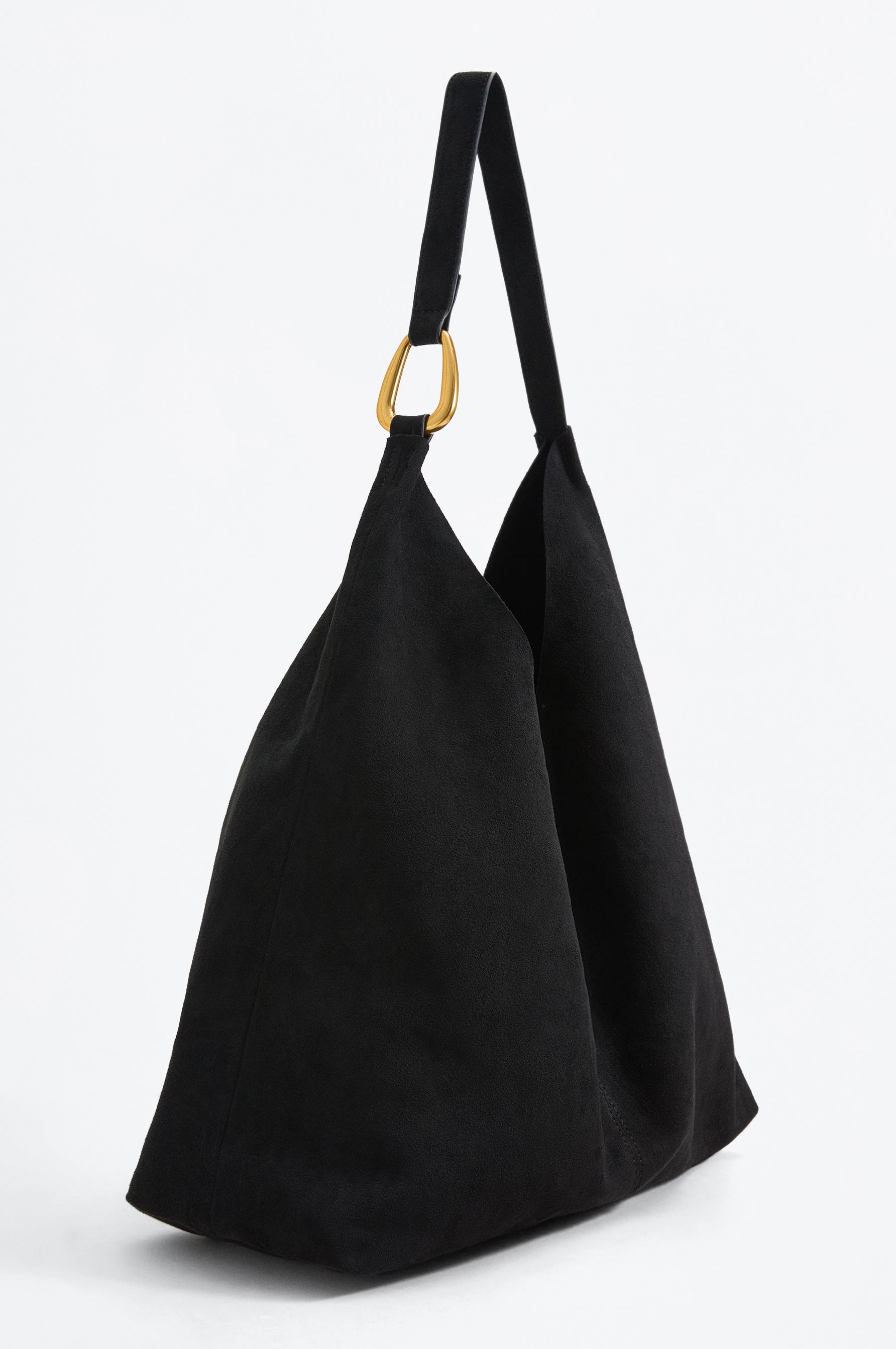 Faux suede bucket bag with ring detail — BLACK