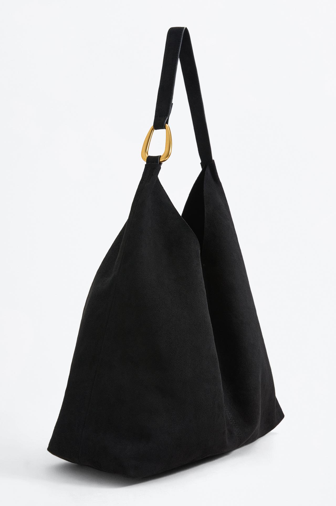 Faux suede bucket bag with ring detail — BLACK