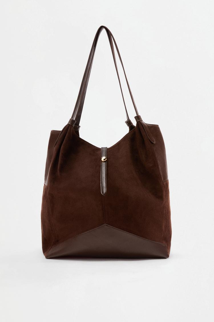 Faux suede patch shopper bag — BROWN
