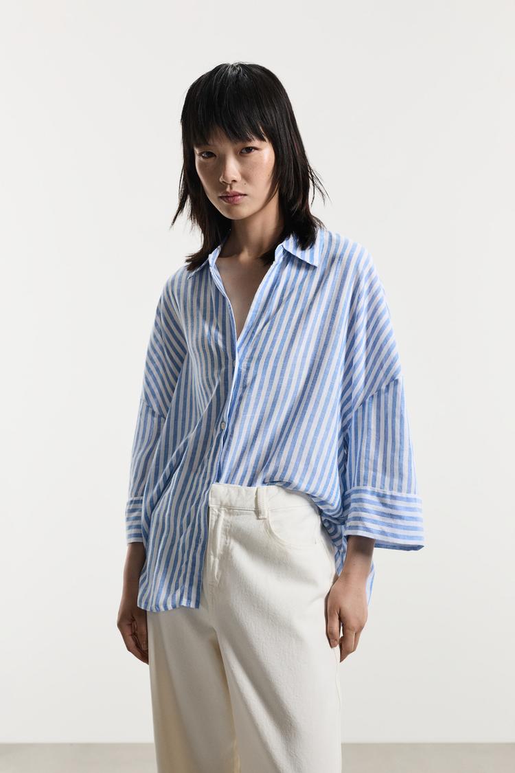 Wide sleeve shirt — BLUE/WHITE