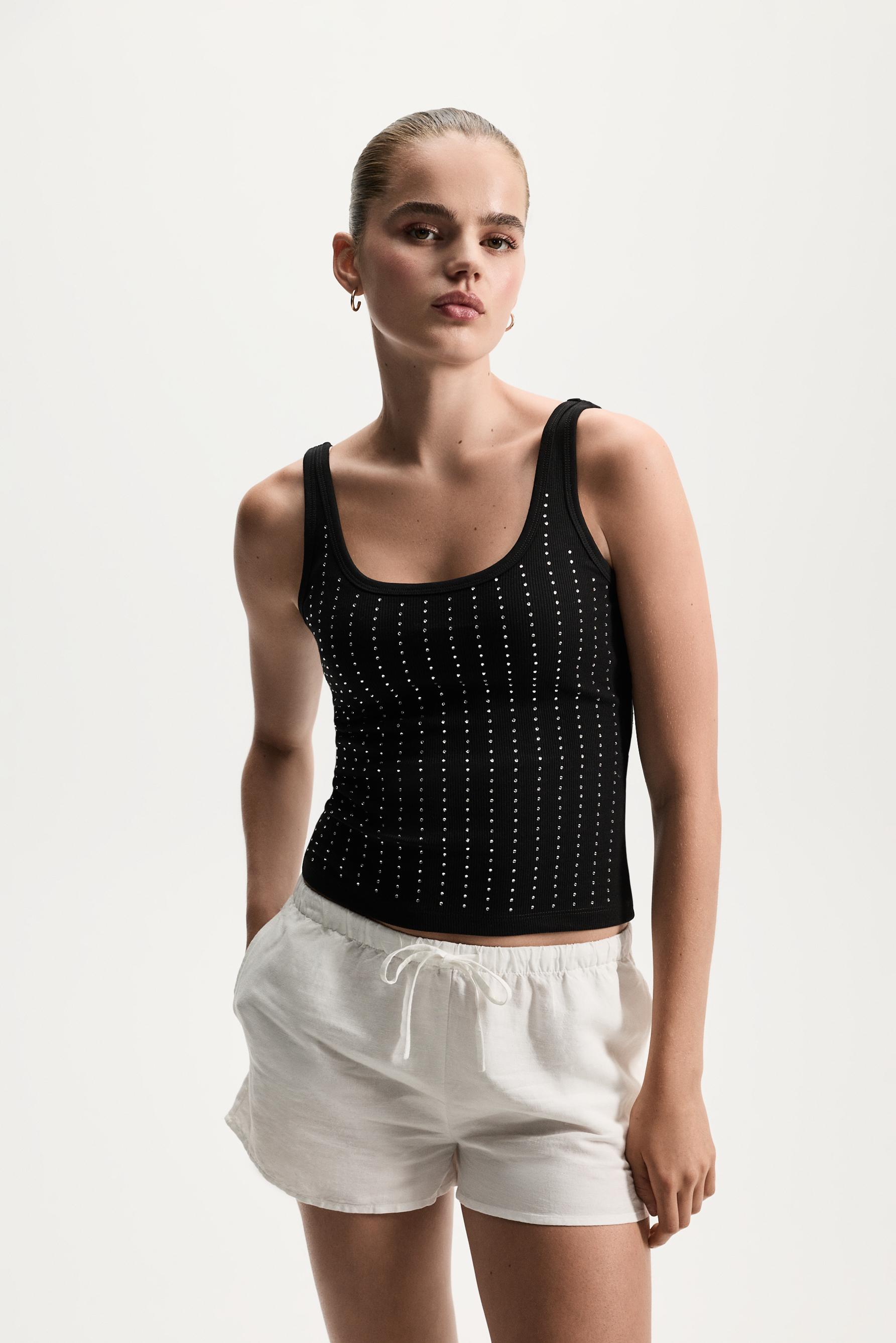 Ribbed rhinestone T-shirt — BLACK