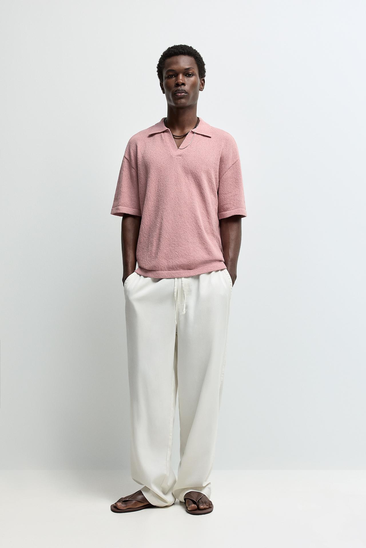 Textured knit polo shirt — ROSE PINK