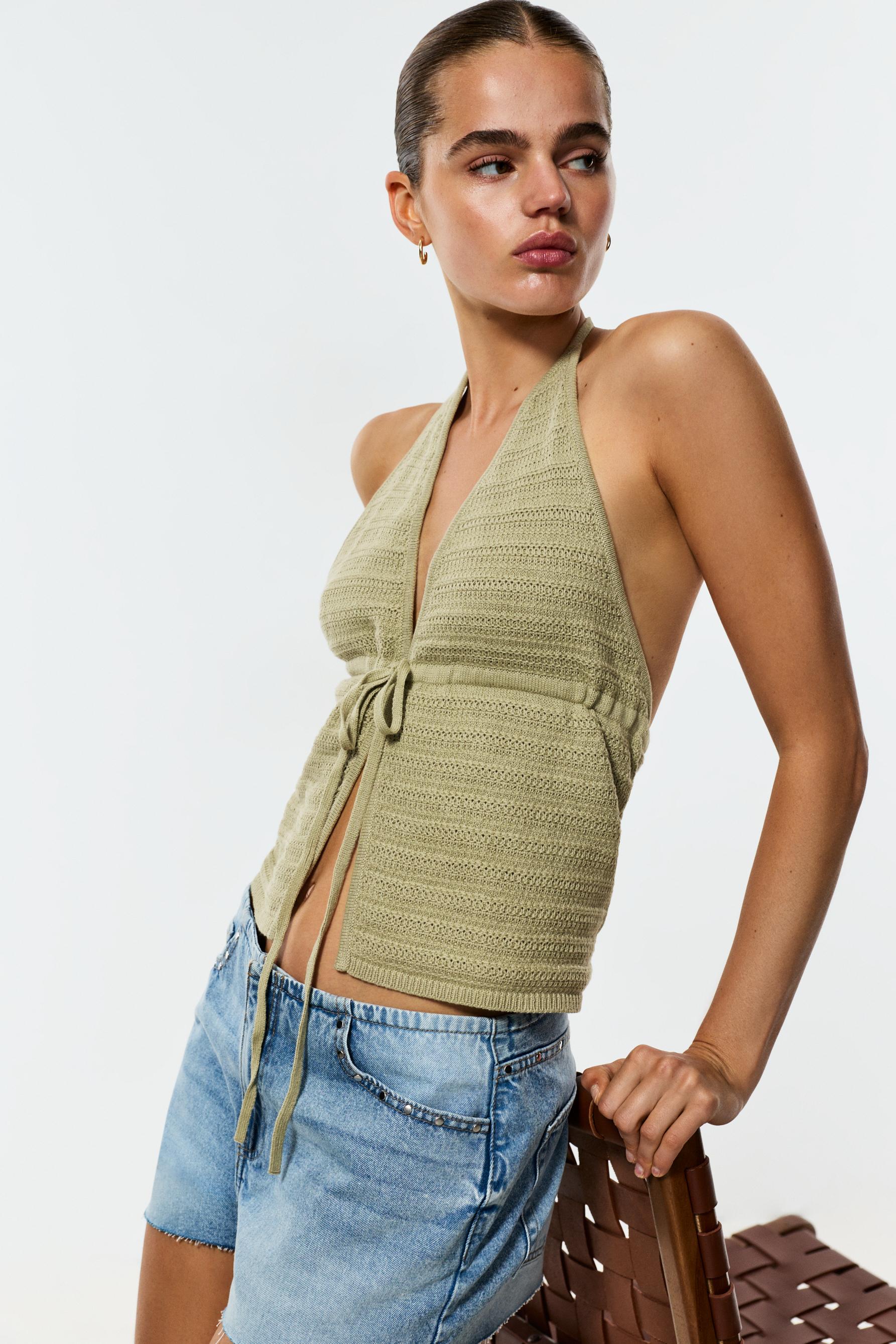 Tie-detail knit top — PALE KHAKI