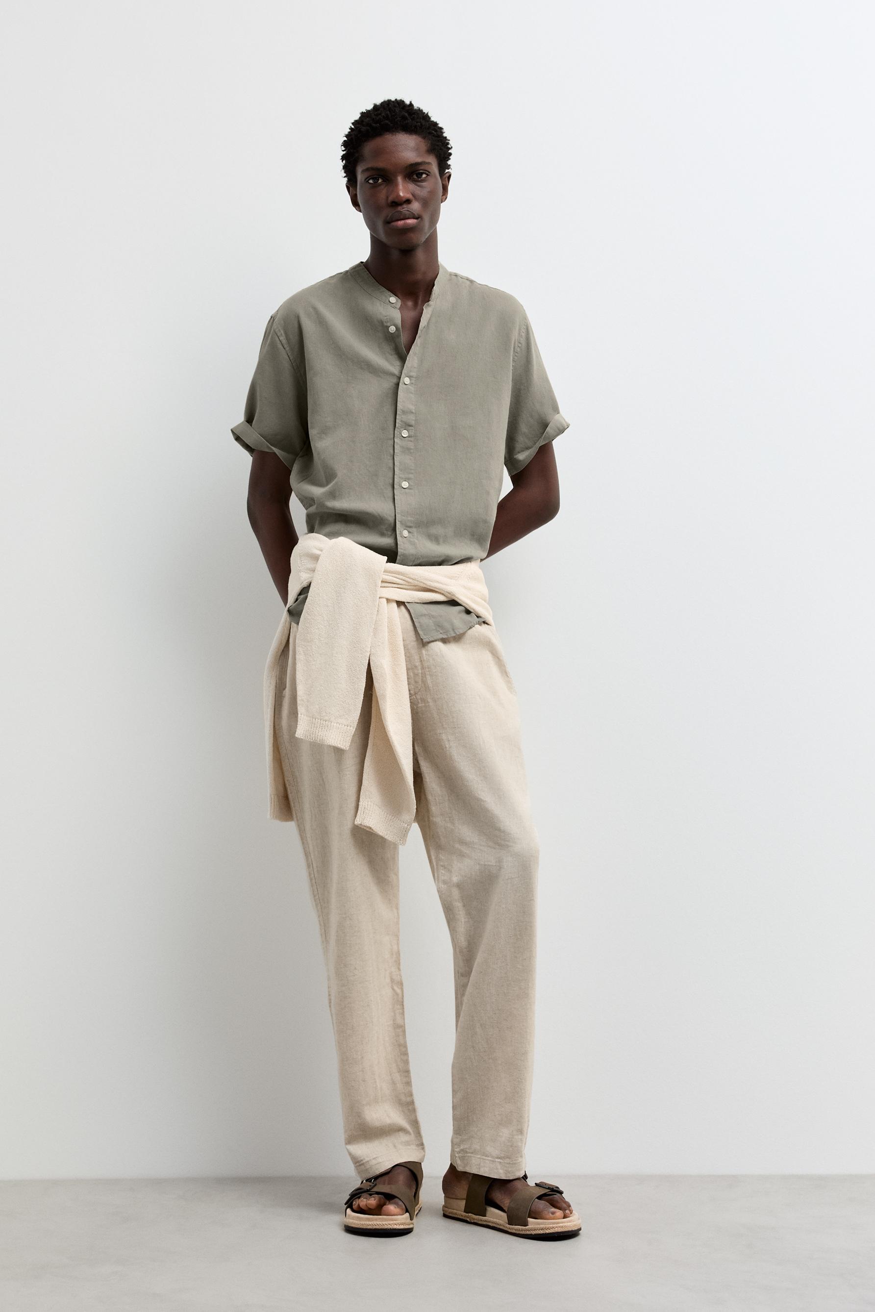 Linen-cotton stand collar shirt — PALE KHAKI