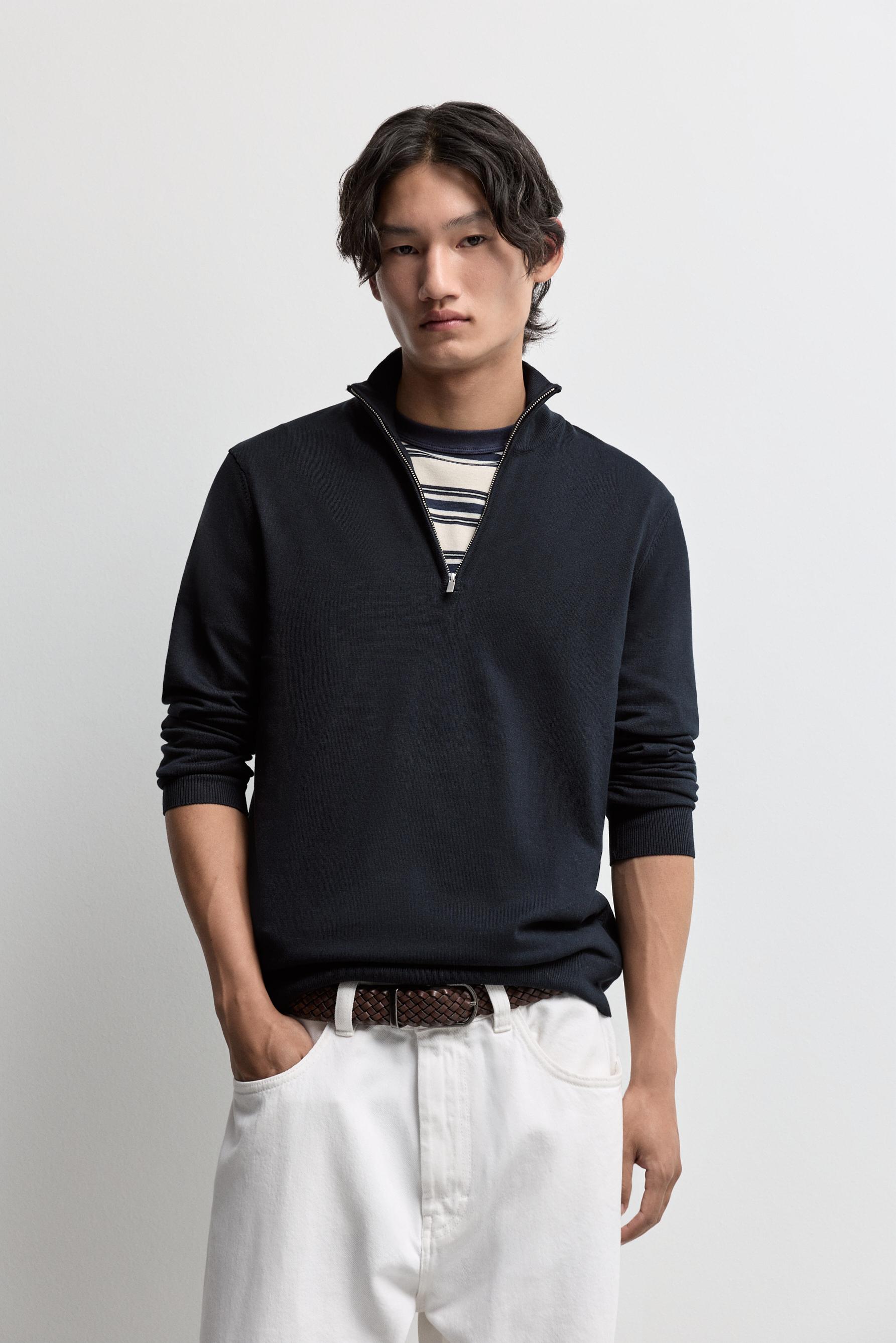 Zip-up high neck sweater — NAVY