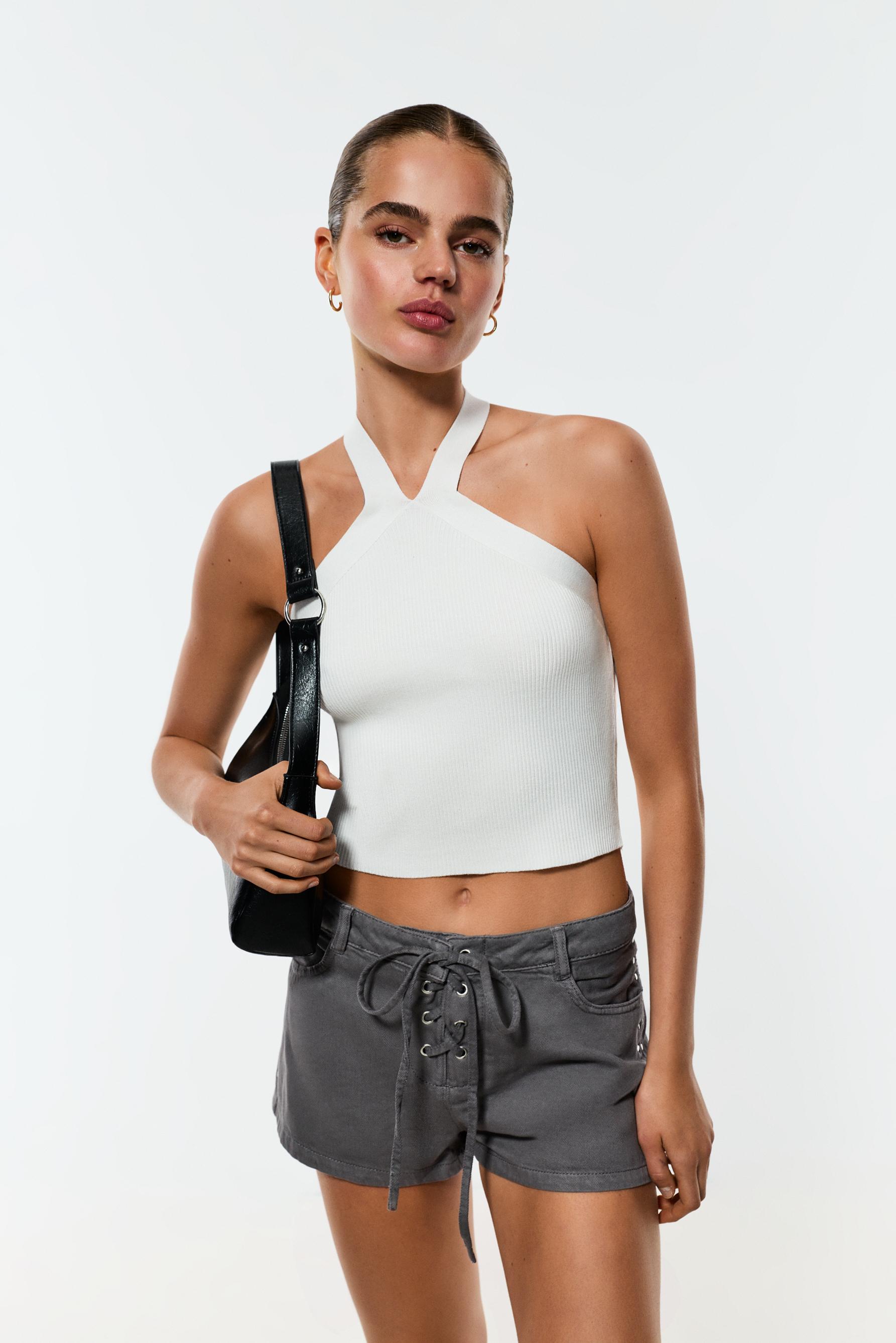Criss-cross strap knit top — OFF WHITE