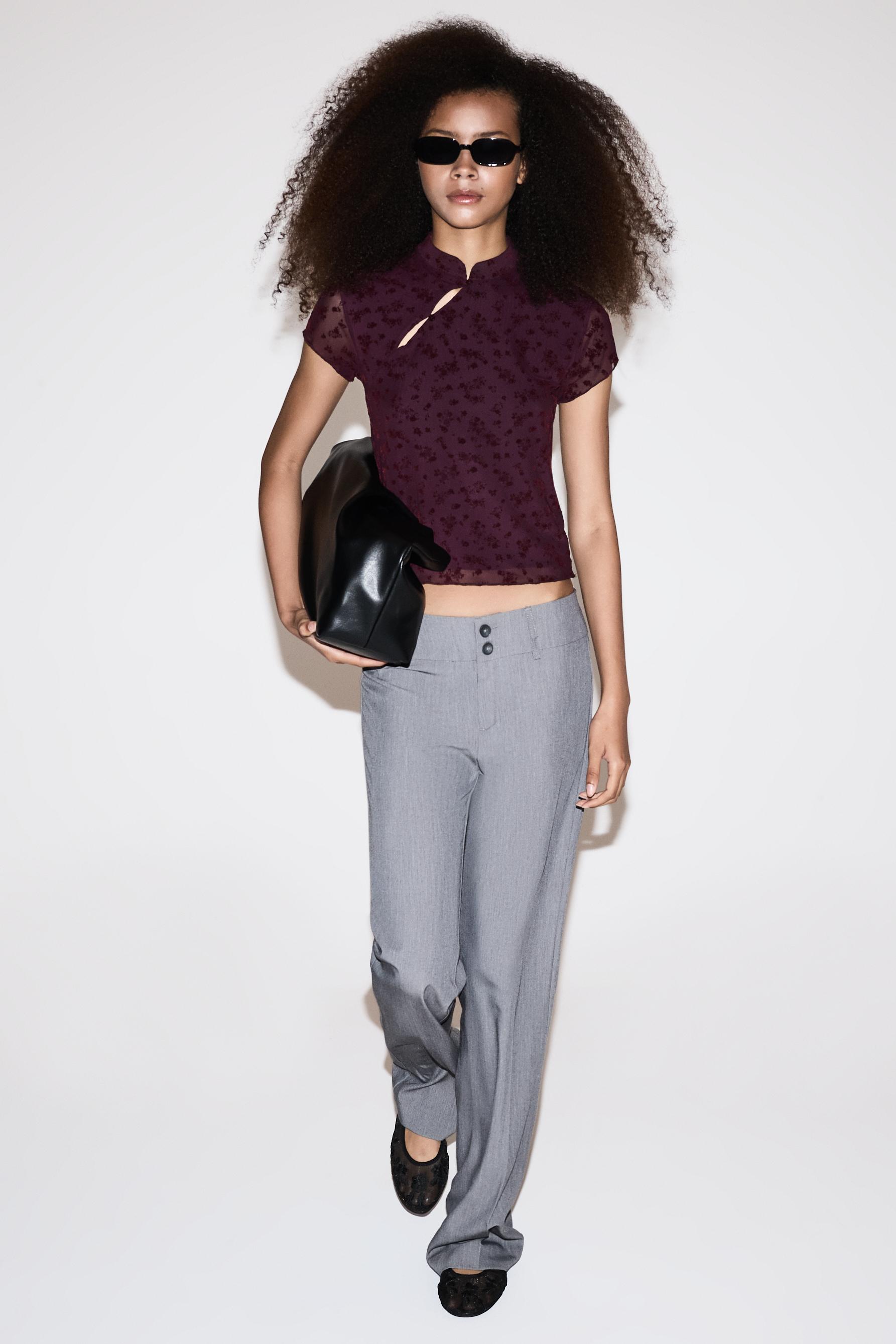 Slim fit stand collar T-shirt — MAROON