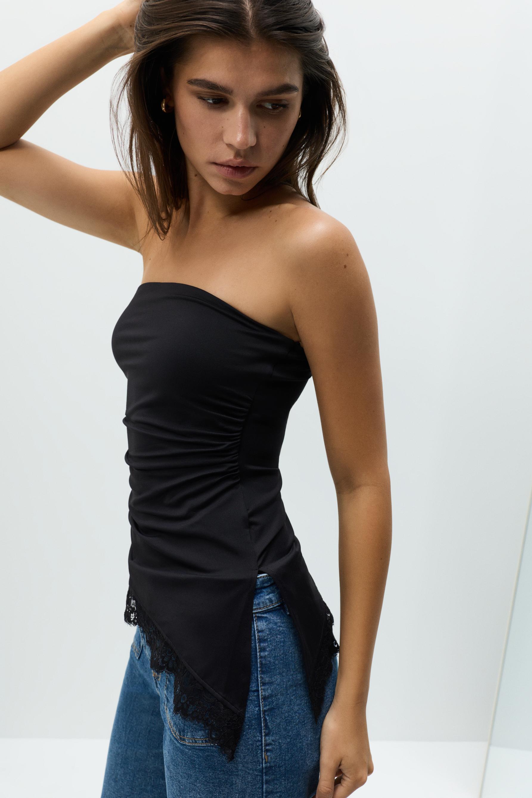 Asymmetric lace top — BLACK