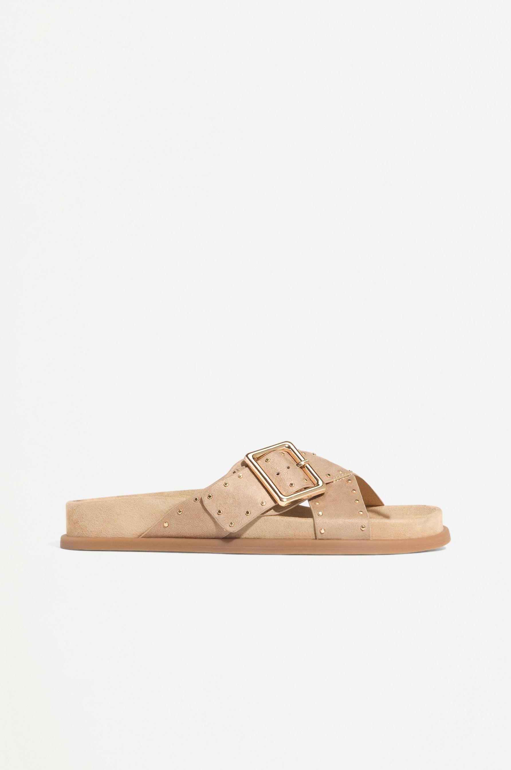 Faux suede studded flat sandals — BROWN