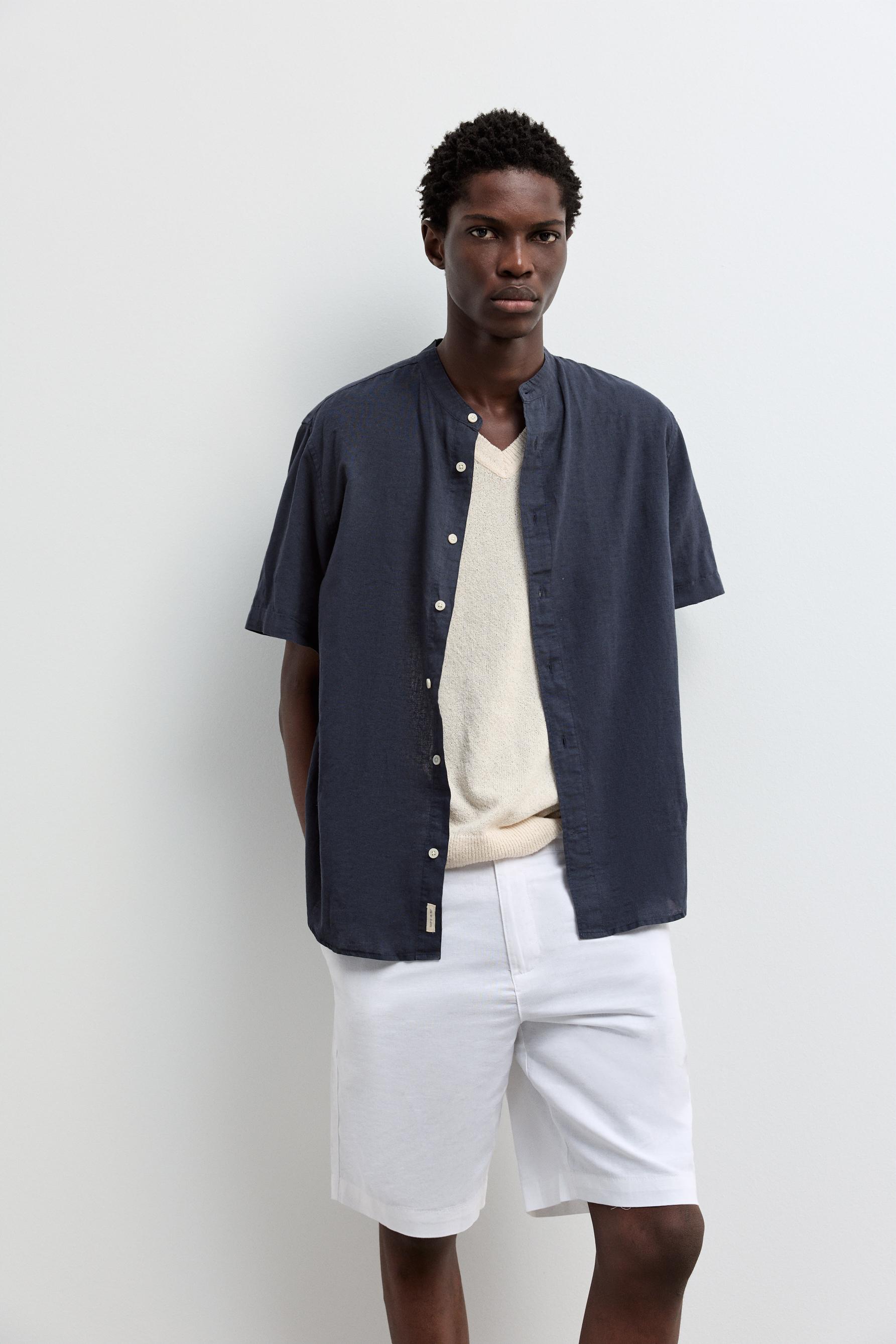 Linen-cotton stand collar shirt — NAVY