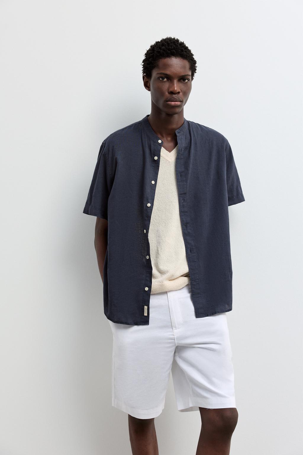 Linen-cotton stand collar shirt