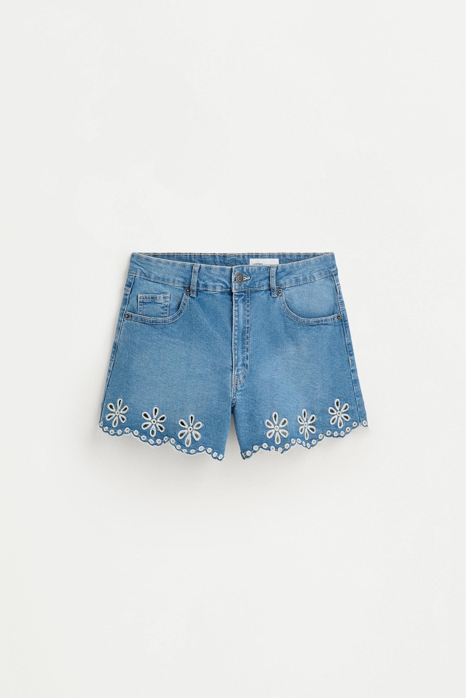 Swiss embroidery denim shorts — INDIGO