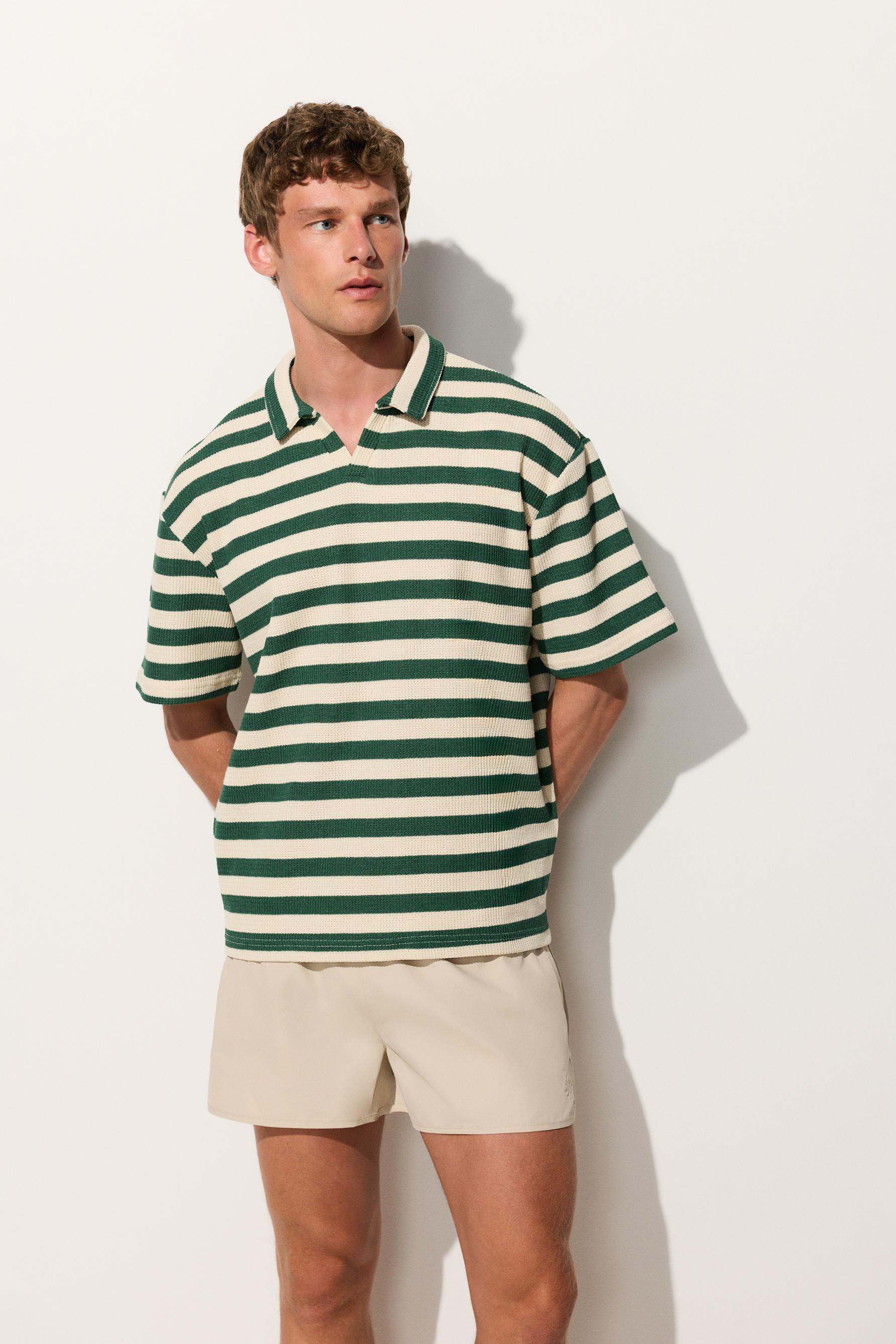 Men's | Green textured striped polo shirt — EMERALD GREEN