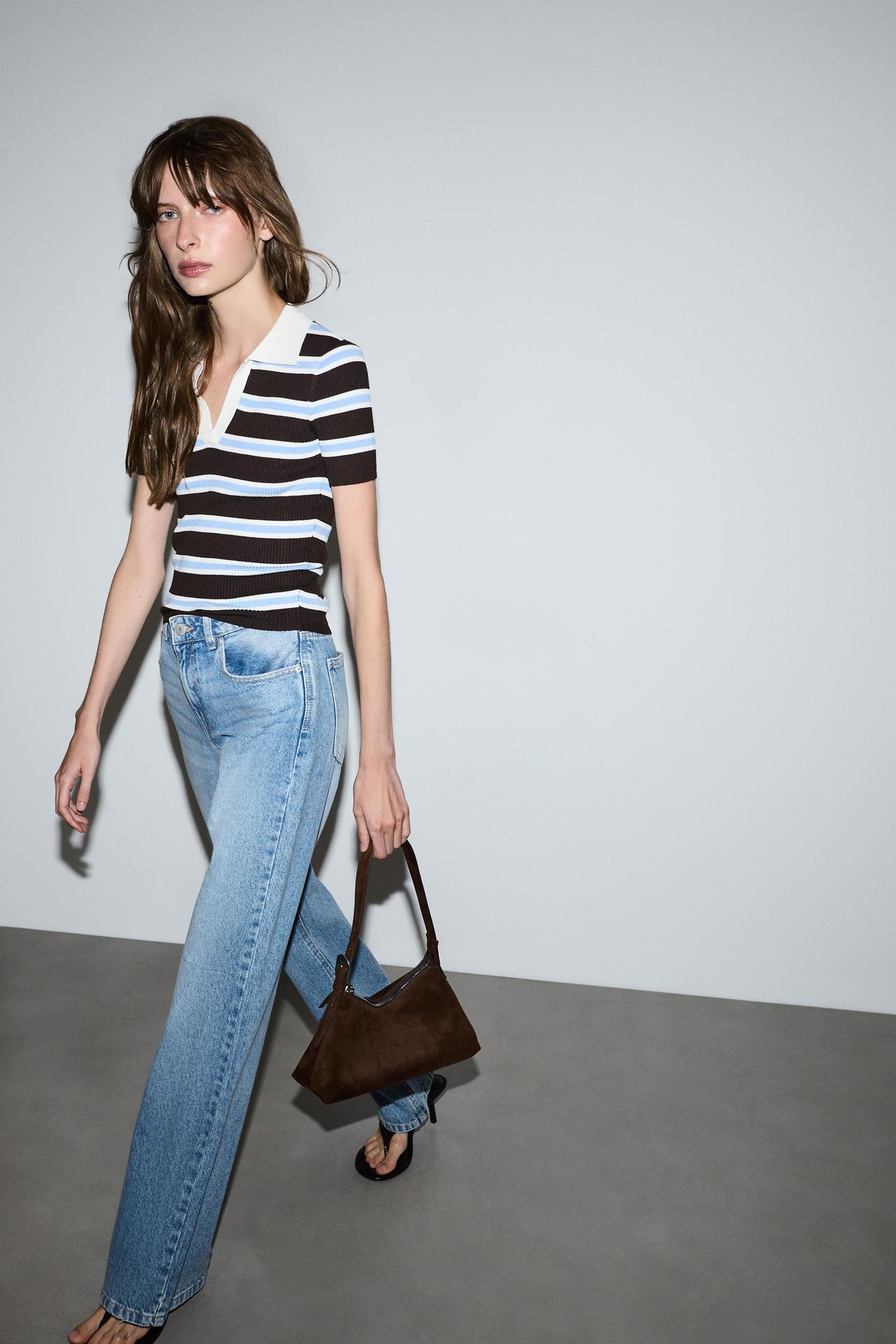Basic rib knit polo shirt — BROWN/BLUE