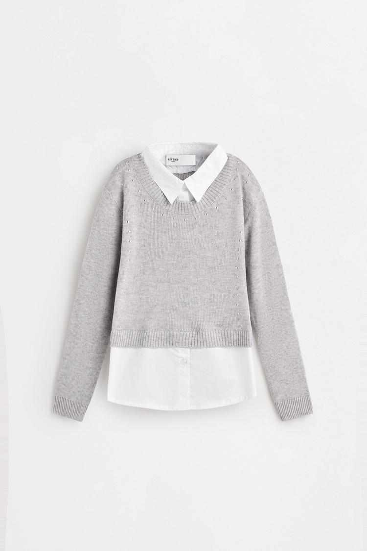 Sweater with shirt detail — GREY MARL