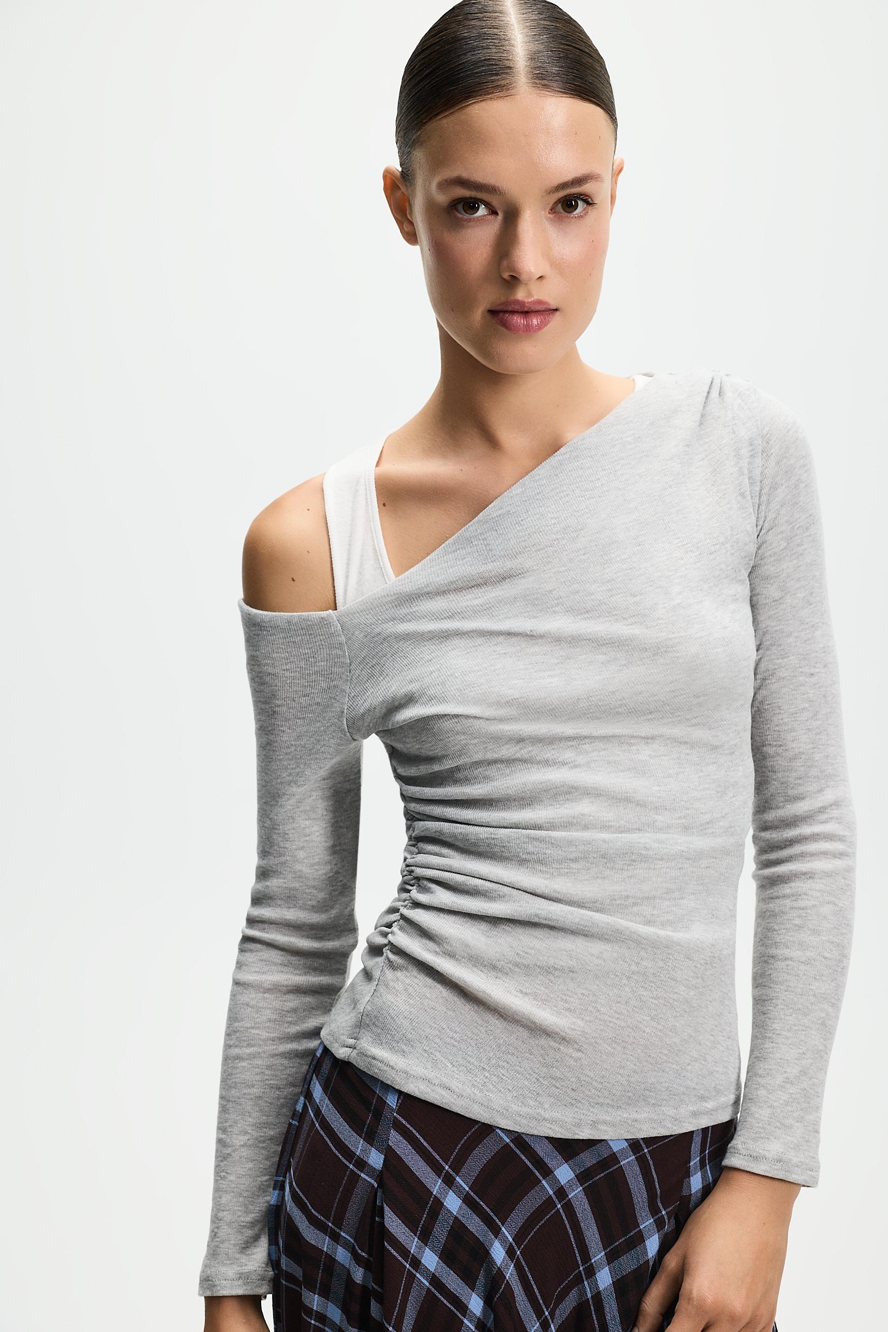 Asymmetric ribbed double T-shirt — GREY MARL