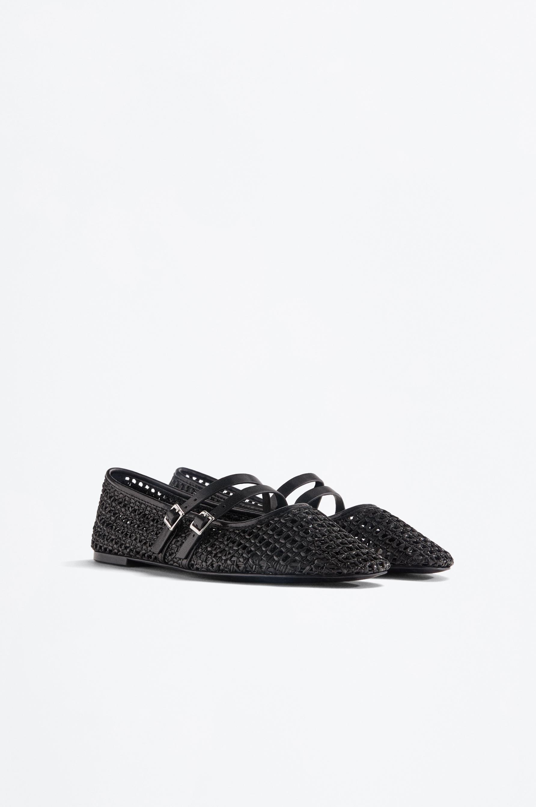 Double strap raffia effect ballet flats — BLACK