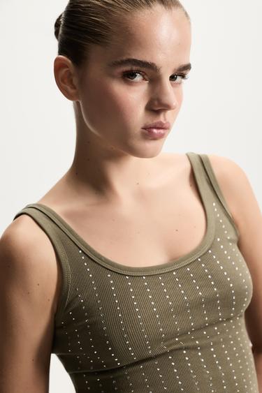 Ribbed rhinestone T-shirt — KHAKI 3