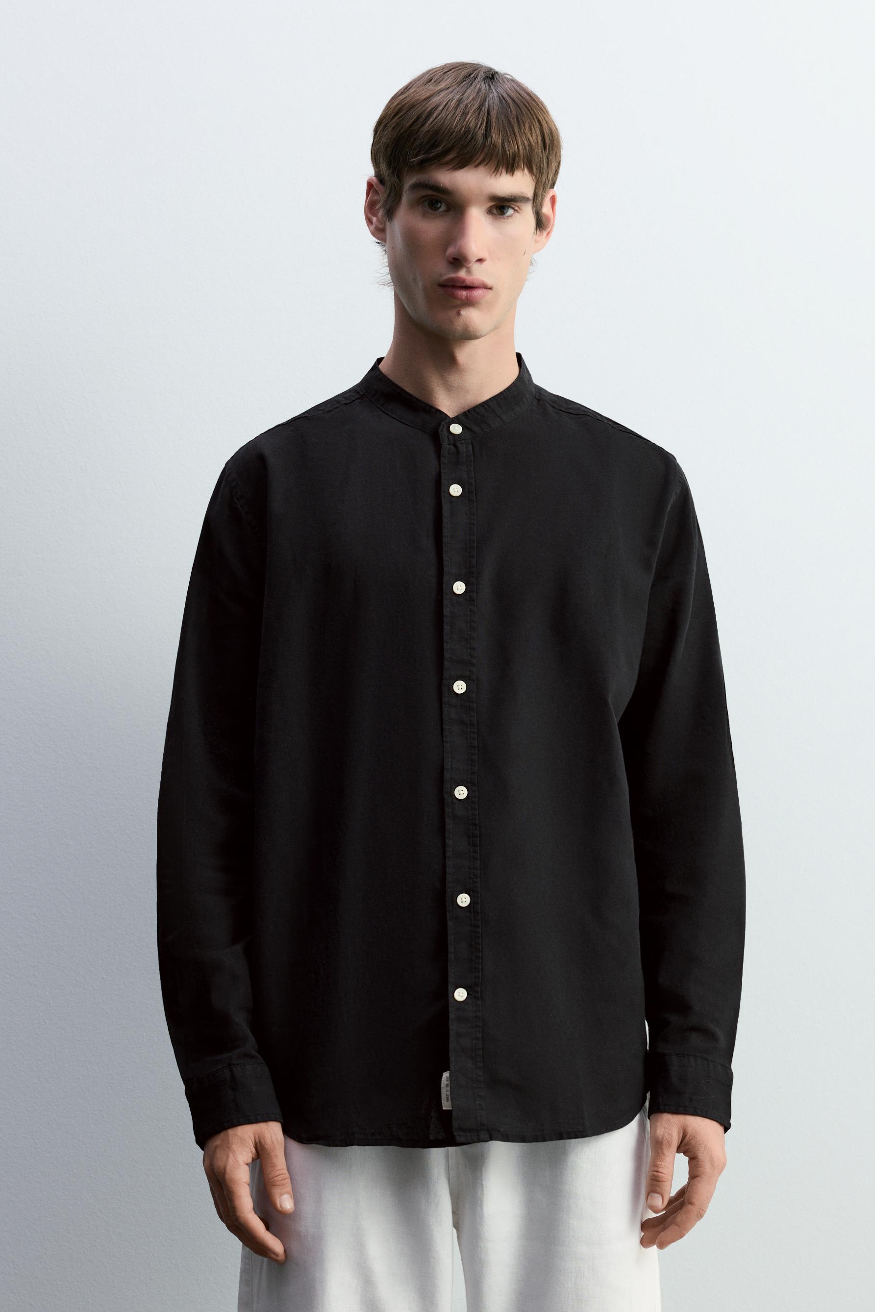 Linen and cotton stand collar shirt — BLACK