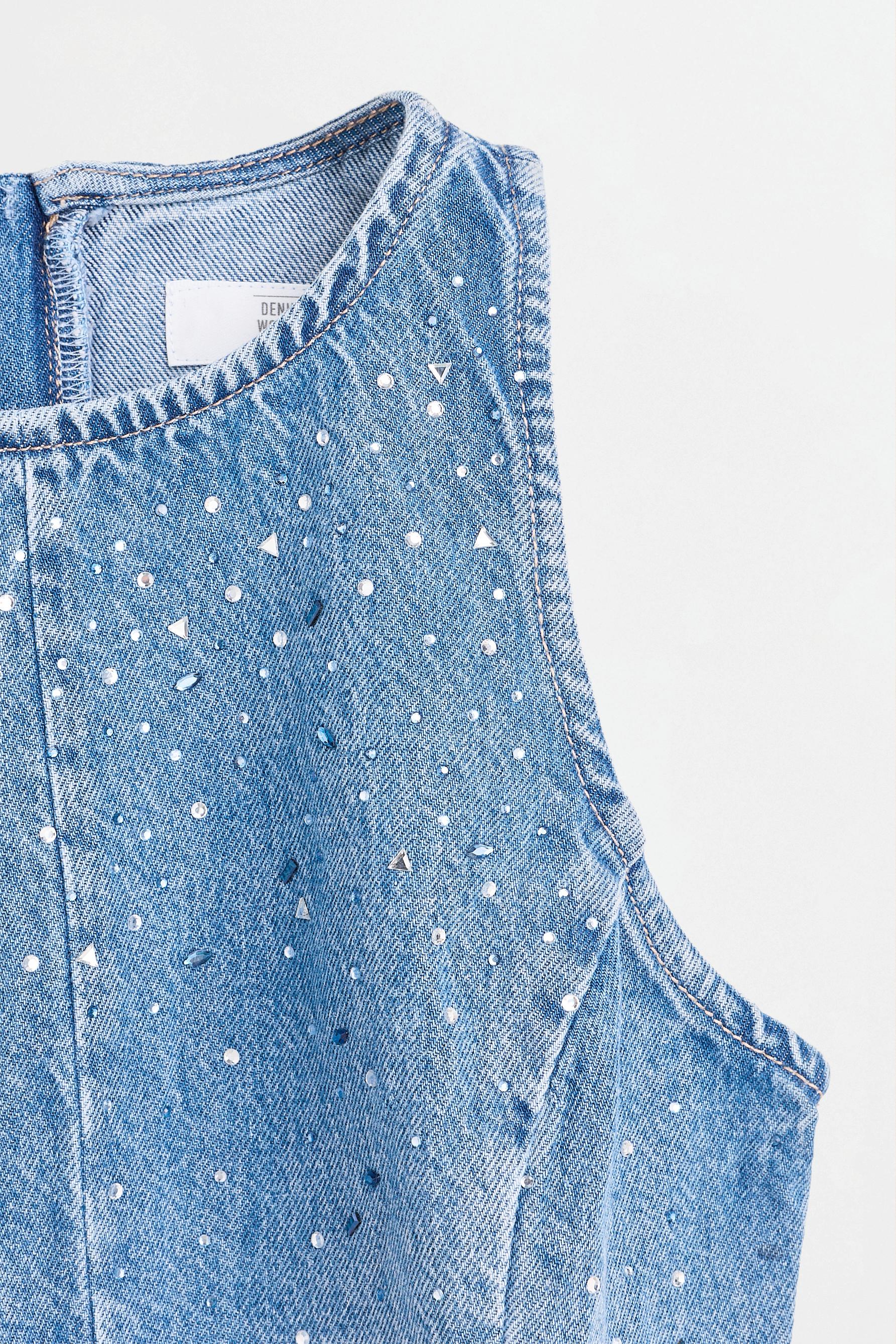 Rhinestone peplum denim top — DARK BLUE
