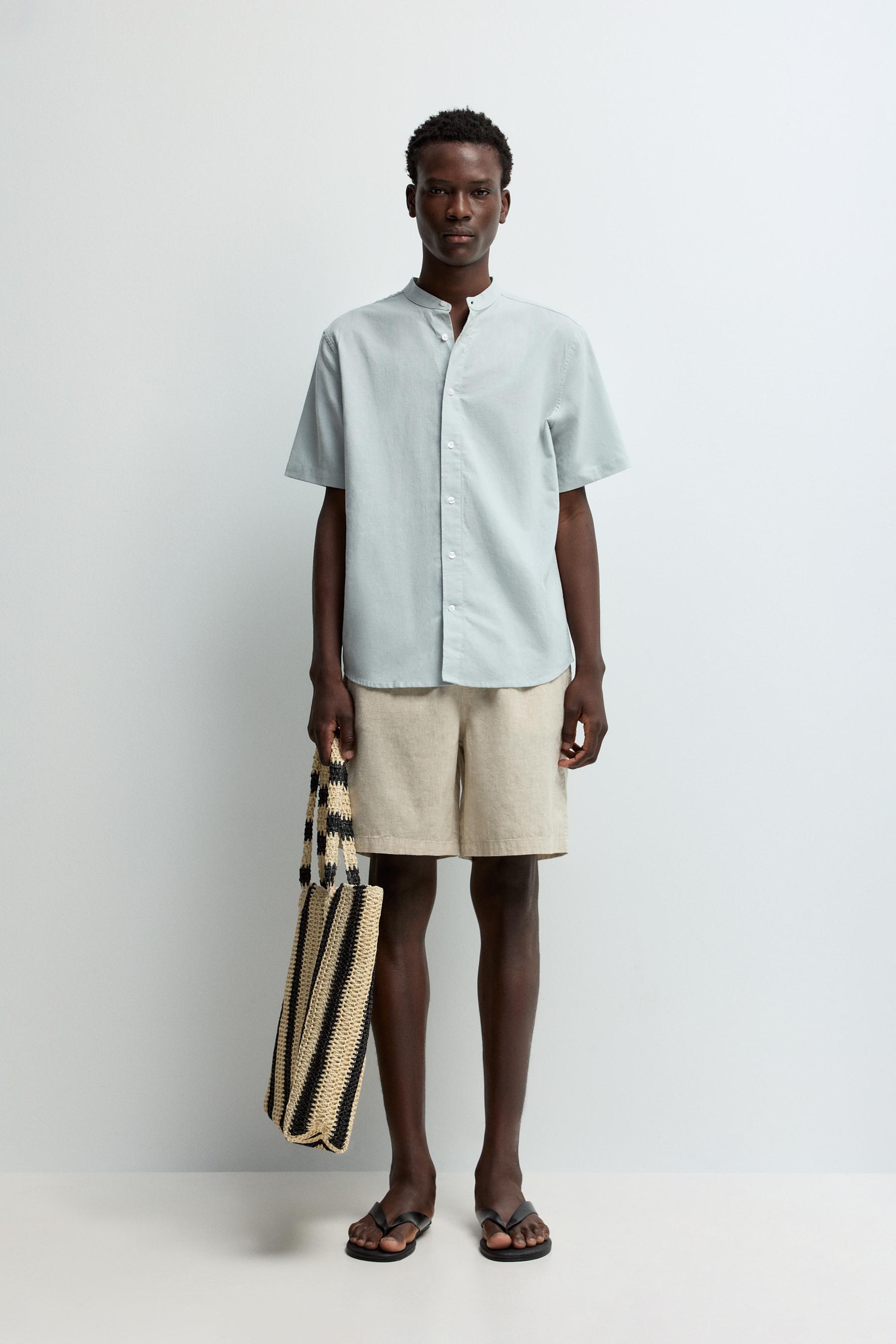 Linen-cotton stand collar shirt — PALE BLUE
