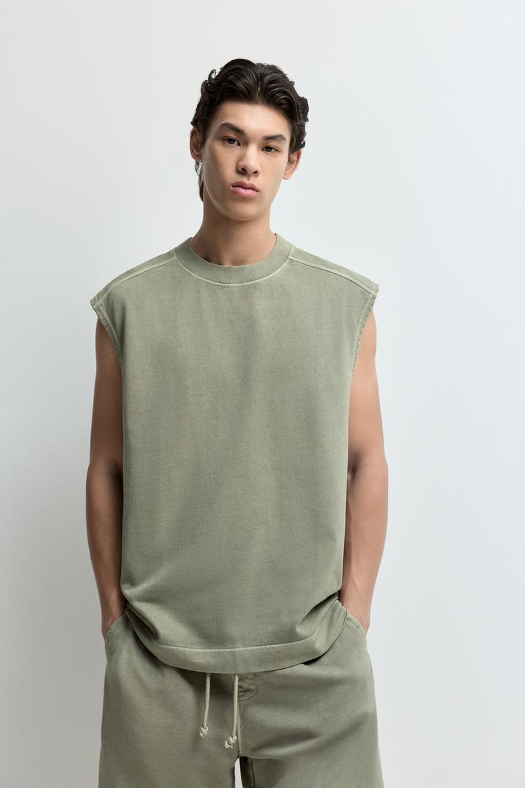 Washed-effect sleeveless sweatshirt — PALE KHAKI