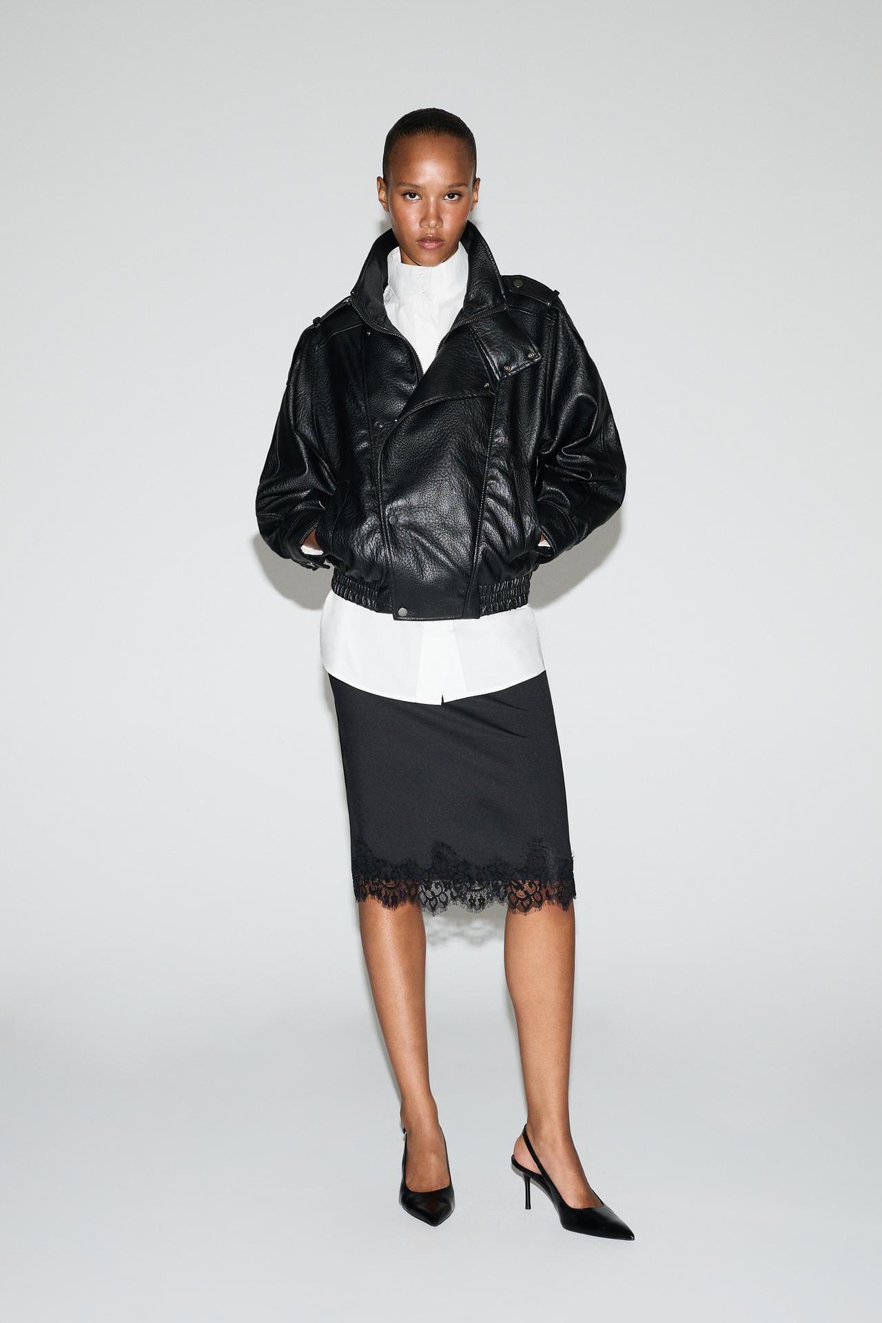 Lace-trimmed polyamide midi skirt — BLACK